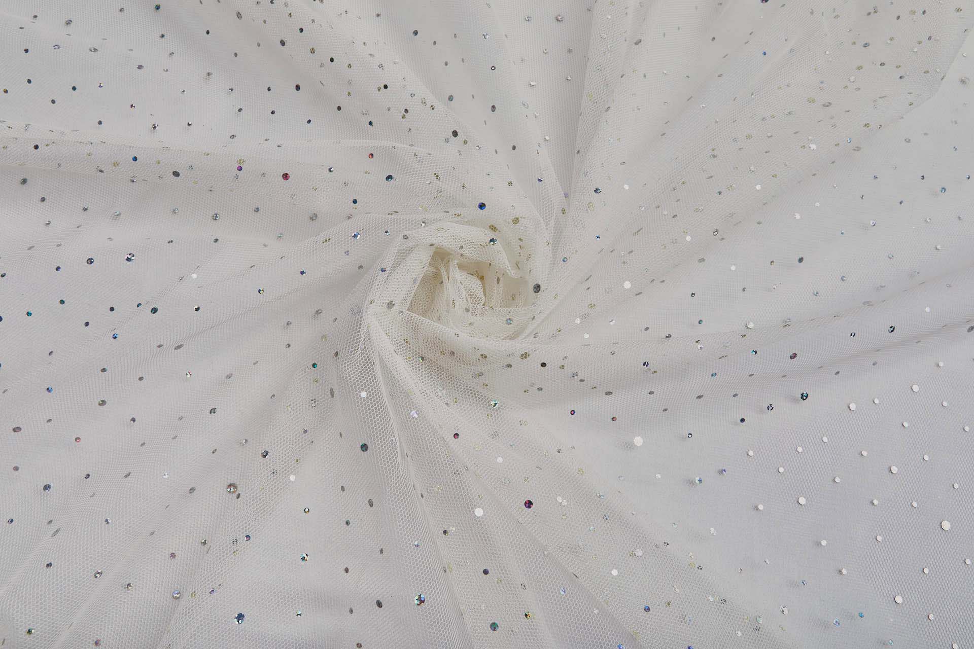 Soft Cream Nylon Tulle with Silver Holographic Polkadots/Spots fabric
