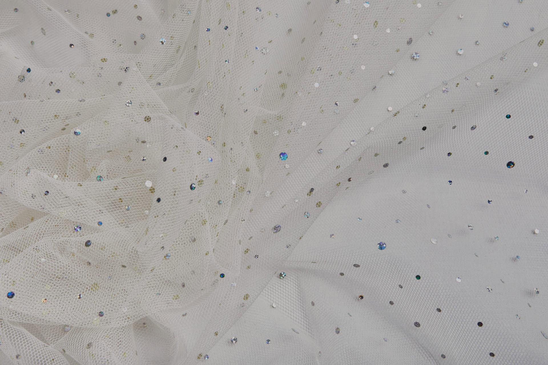 Soft Cream Nylon Tulle with Silver Holographic Polkadots/Spots fabric, image 2 of 7