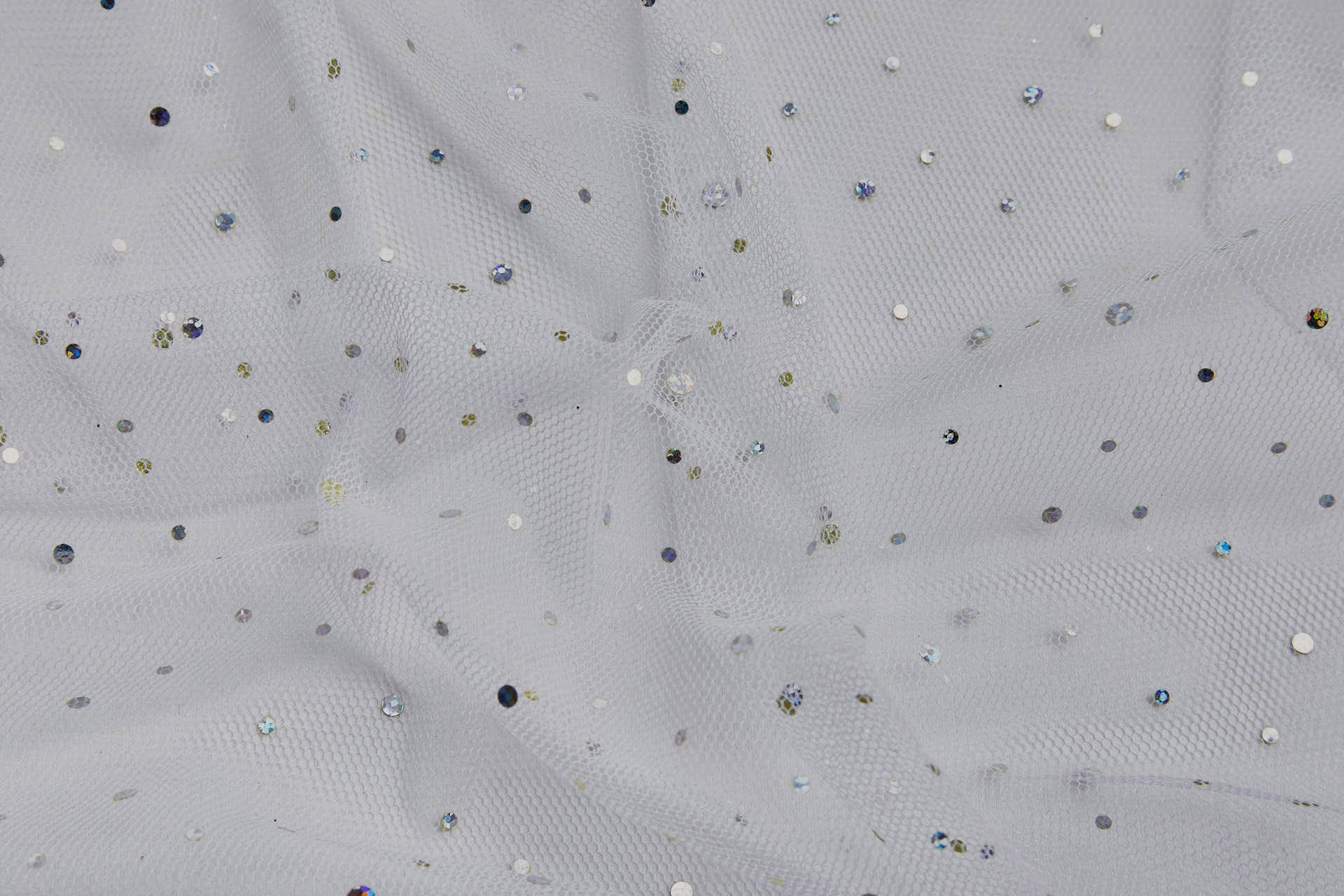 Soft White Nylon Tulle with Silver Holographic Polkadots/Spots fabric, image 2 of 7