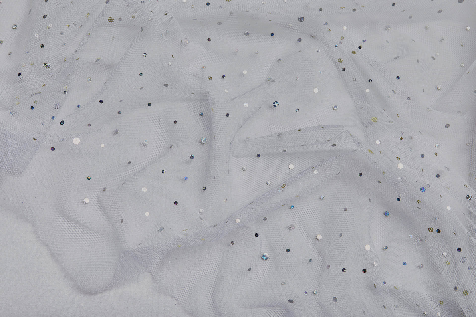 Soft White Nylon Tulle with Silver Holographic Polkadots/Spots fabric, image 4 of 7