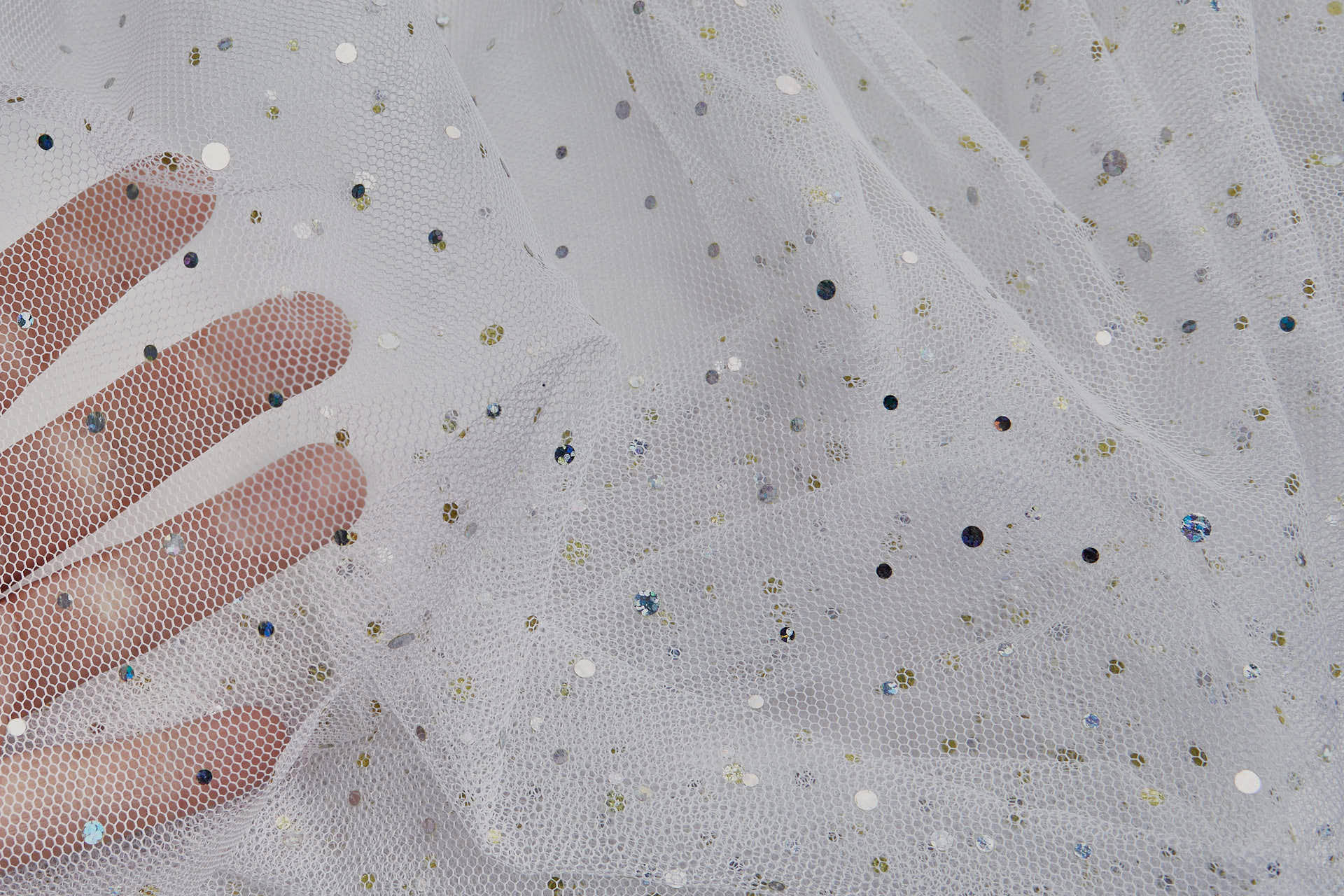 Soft White Nylon Tulle with Silver Holographic Polkadots/Spots fabric, image 5 of 7