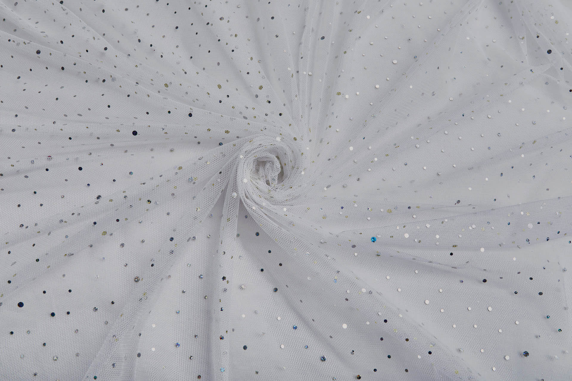 Soft White Nylon Tulle with Silver Holographic Polkadots/Spots fabric