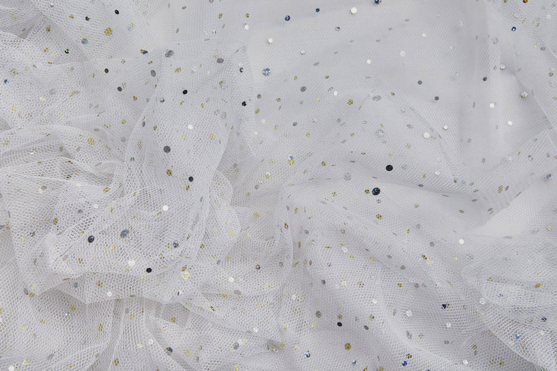 Soft White Nylon Tulle with Silver Holographic Polkadots/Spots fabric, image 6 of 7
