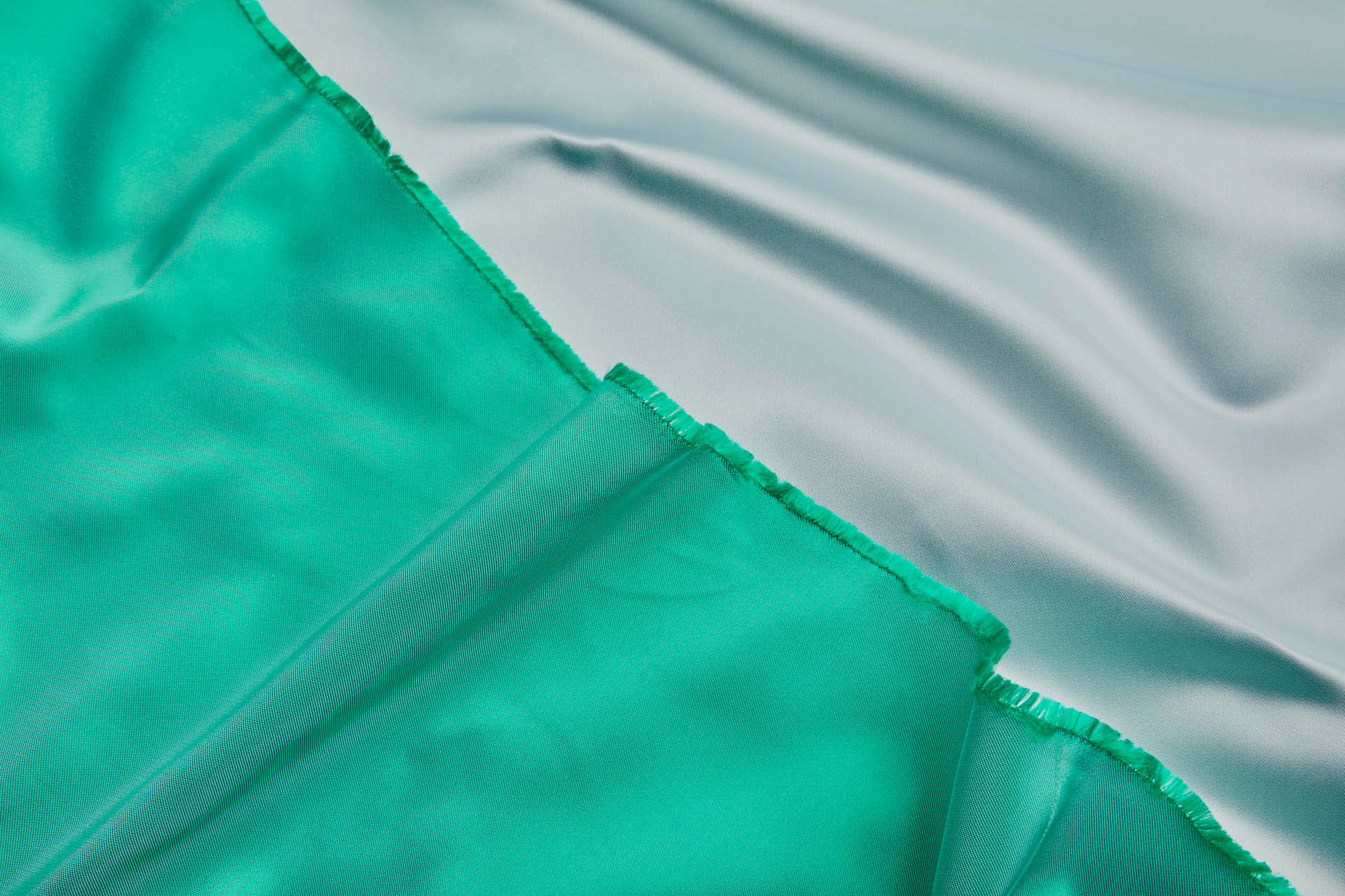 French Double Sided Acetate Duchess Satin - Ivory shot Emerald Green fabric, image 8 of 10