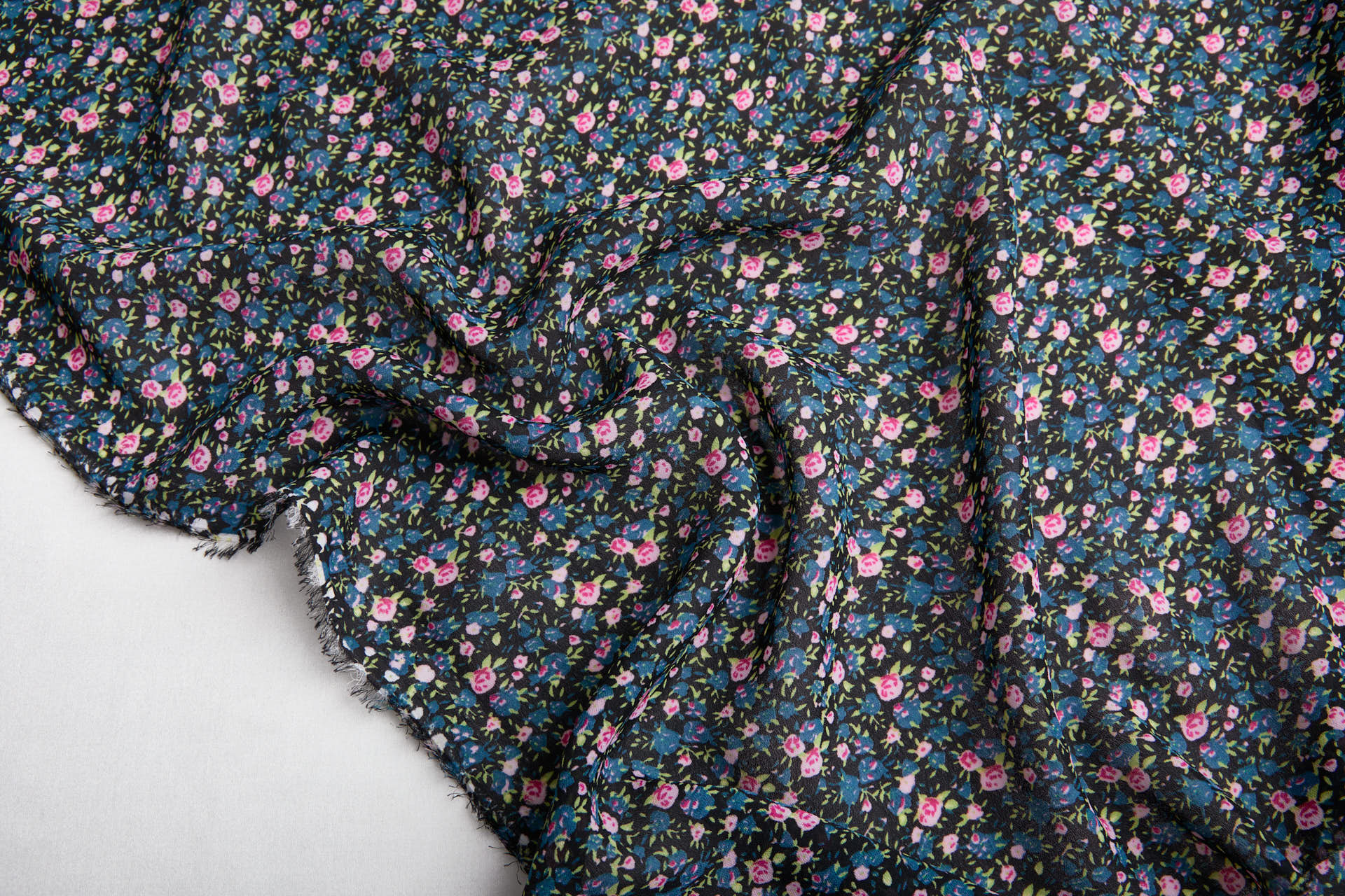 Ditsy Floral Crepe  - Pink, Blue, Green on Black fabric, image 4 of 7