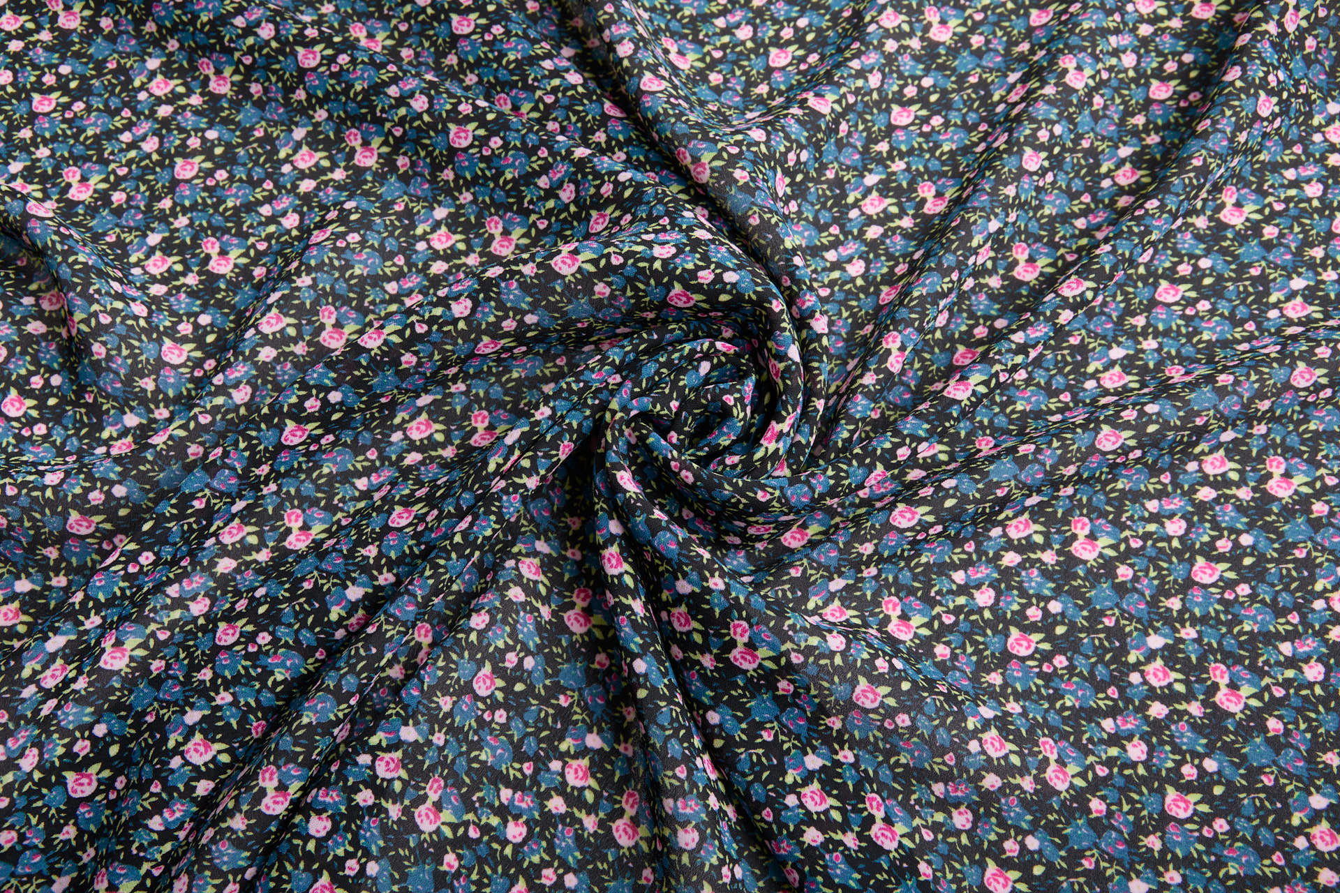 Ditsy Floral Crepe  - Pink, Blue, Green on Black fabric