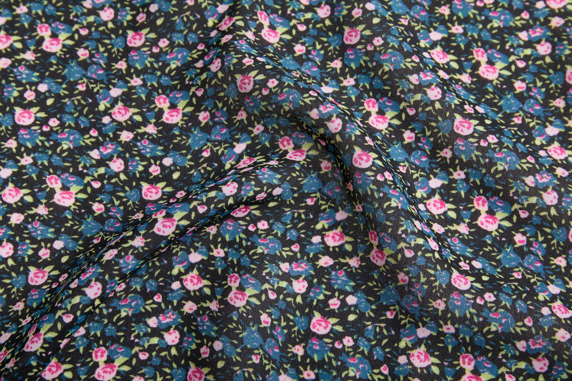 Ditsy Floral Crepe  - Pink, Blue, Green on Black fabric, image 5 of 7