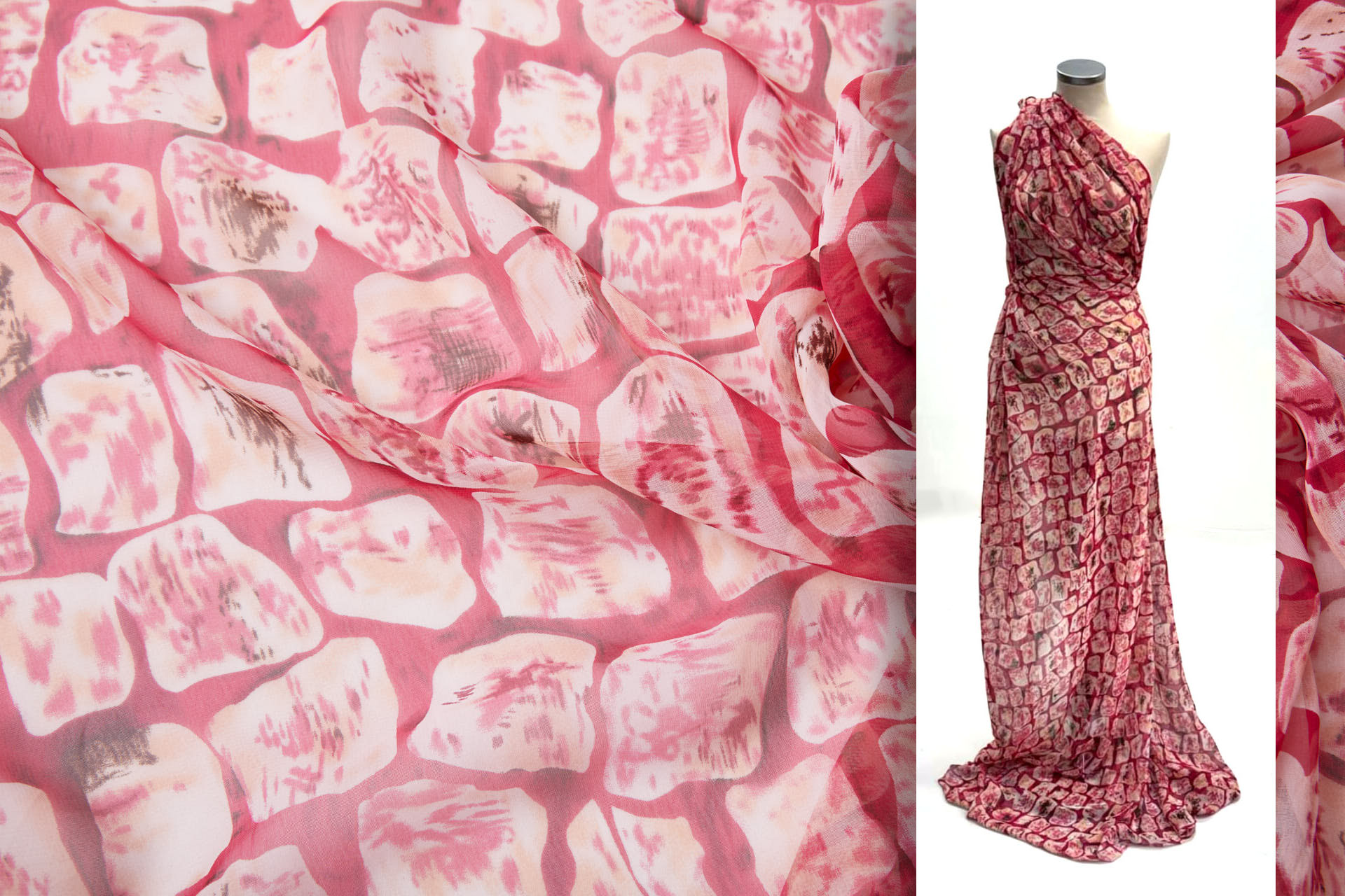 Abstract "Microscope Biology" Printed Chiffon in Reds, Pinks and Ivory fabric, image 2 of 13