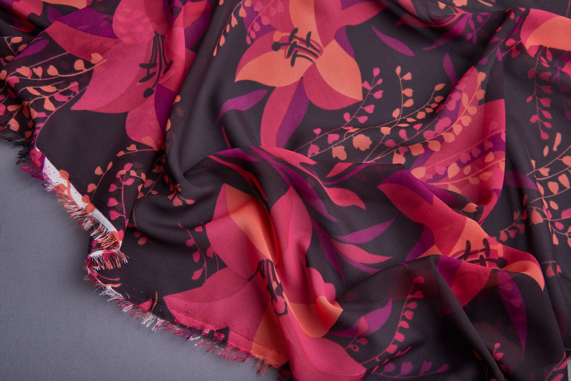Bold Floral Lilies Printed Chiffon - Plum, Magenta & Coral fabric, image 9 of 13