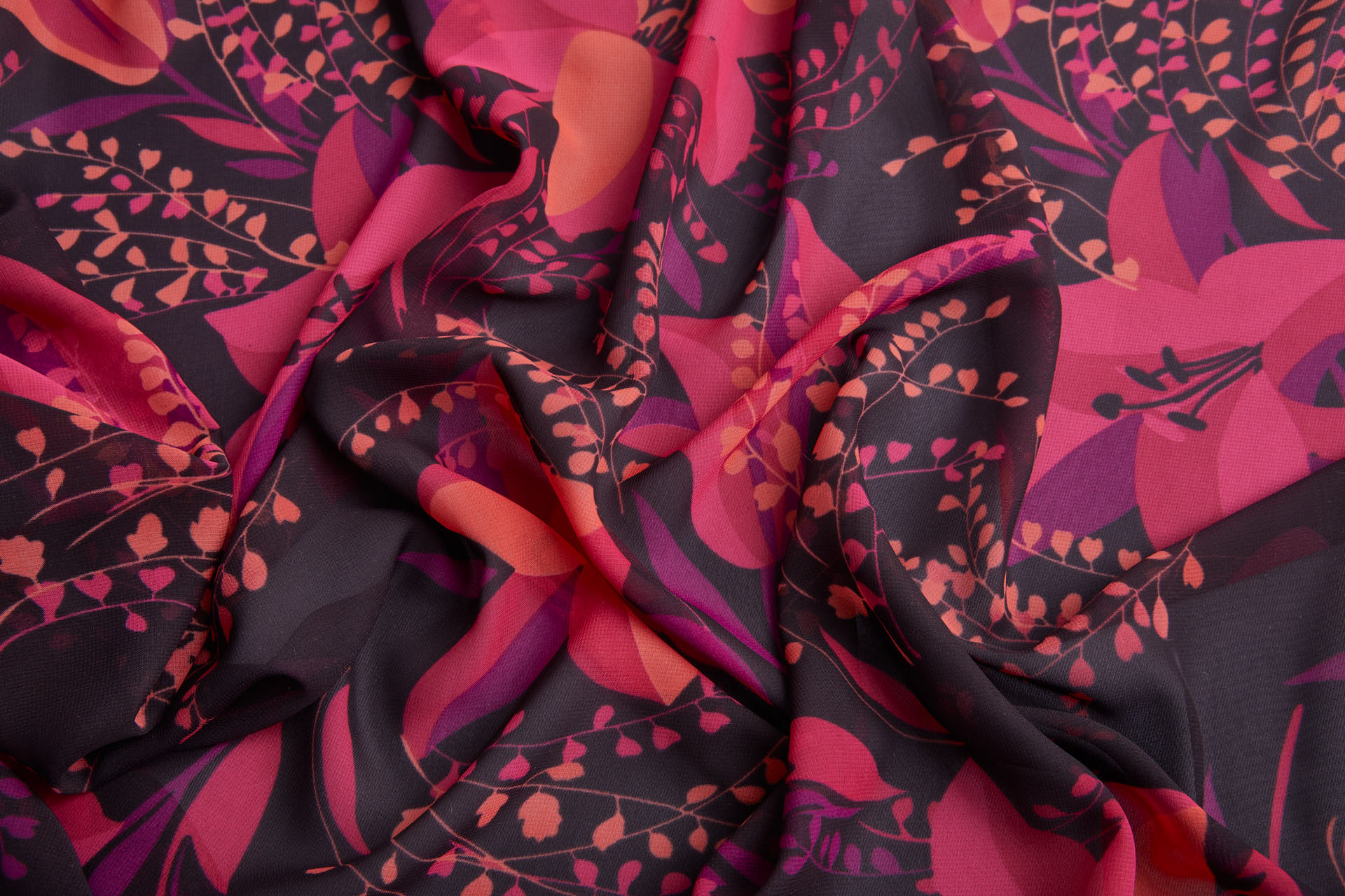 Bold Floral Lilies Printed Chiffon - Plum, Magenta & Coral fabric, image 11 of 13