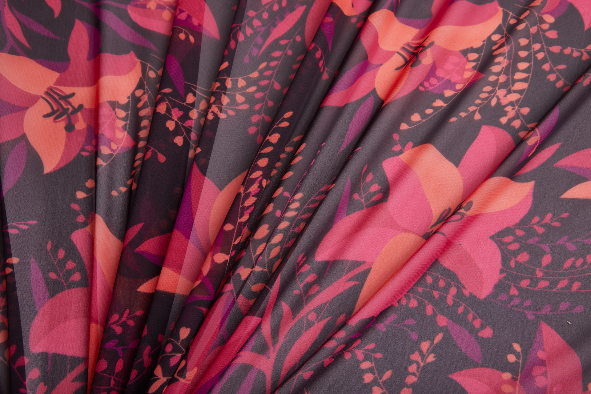 Bold Floral Lilies Printed Chiffon - Plum, Magenta & Coral fabric, image 3 of 13