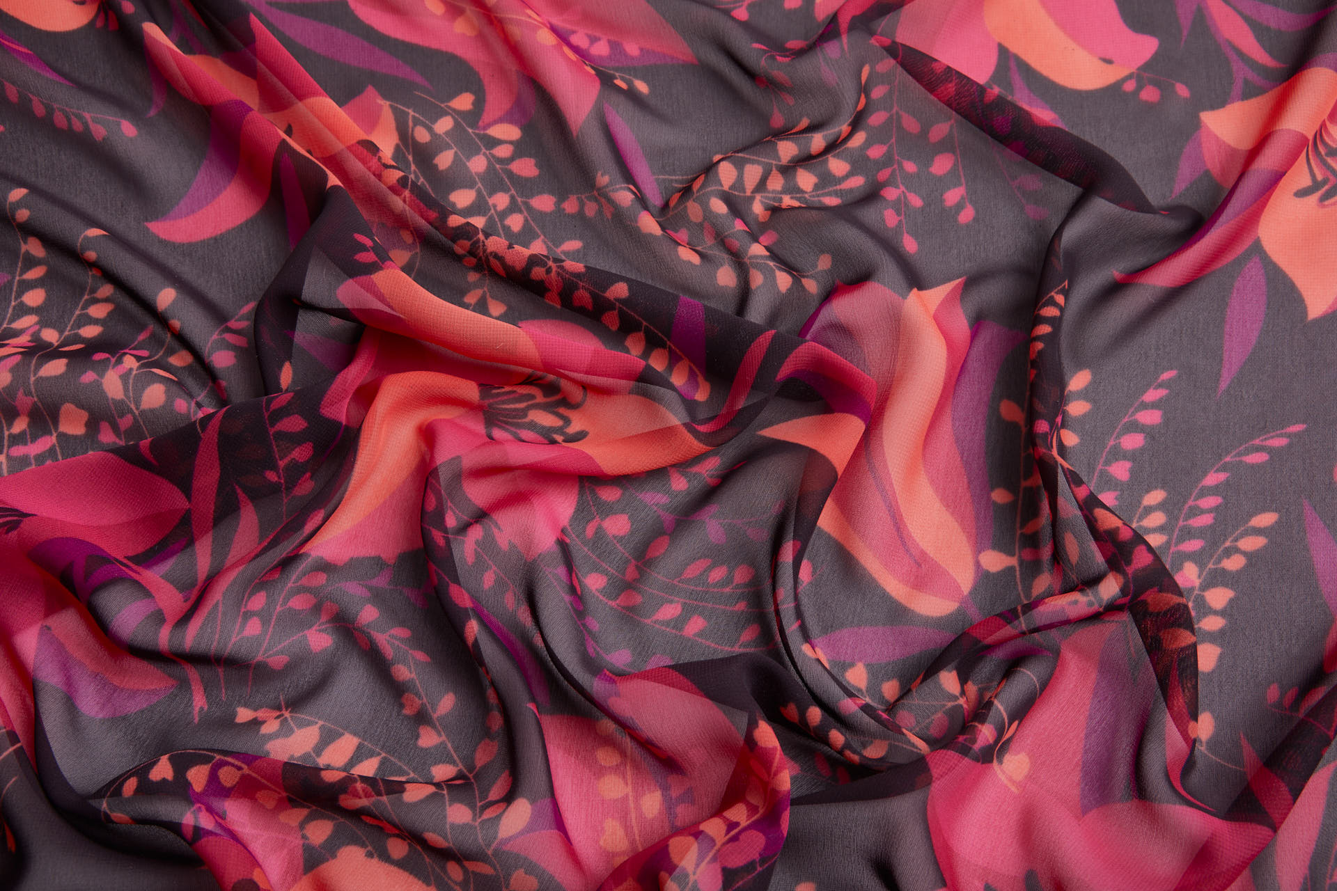 Bold Floral Lilies Printed Chiffon - Plum, Magenta & Coral fabric, image 4 of 13