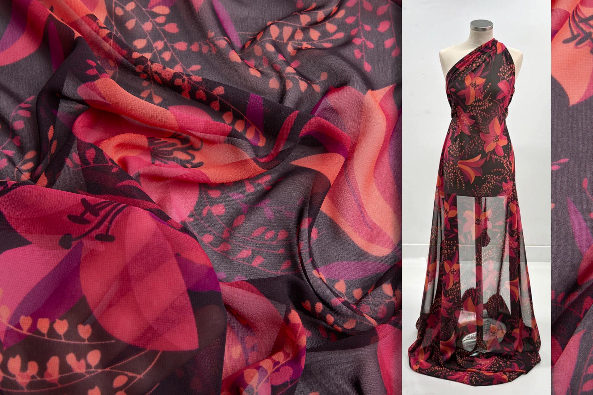Bold Floral Lilies Printed Chiffon - Plum, Magenta & Coral fabric, image 2 of 13