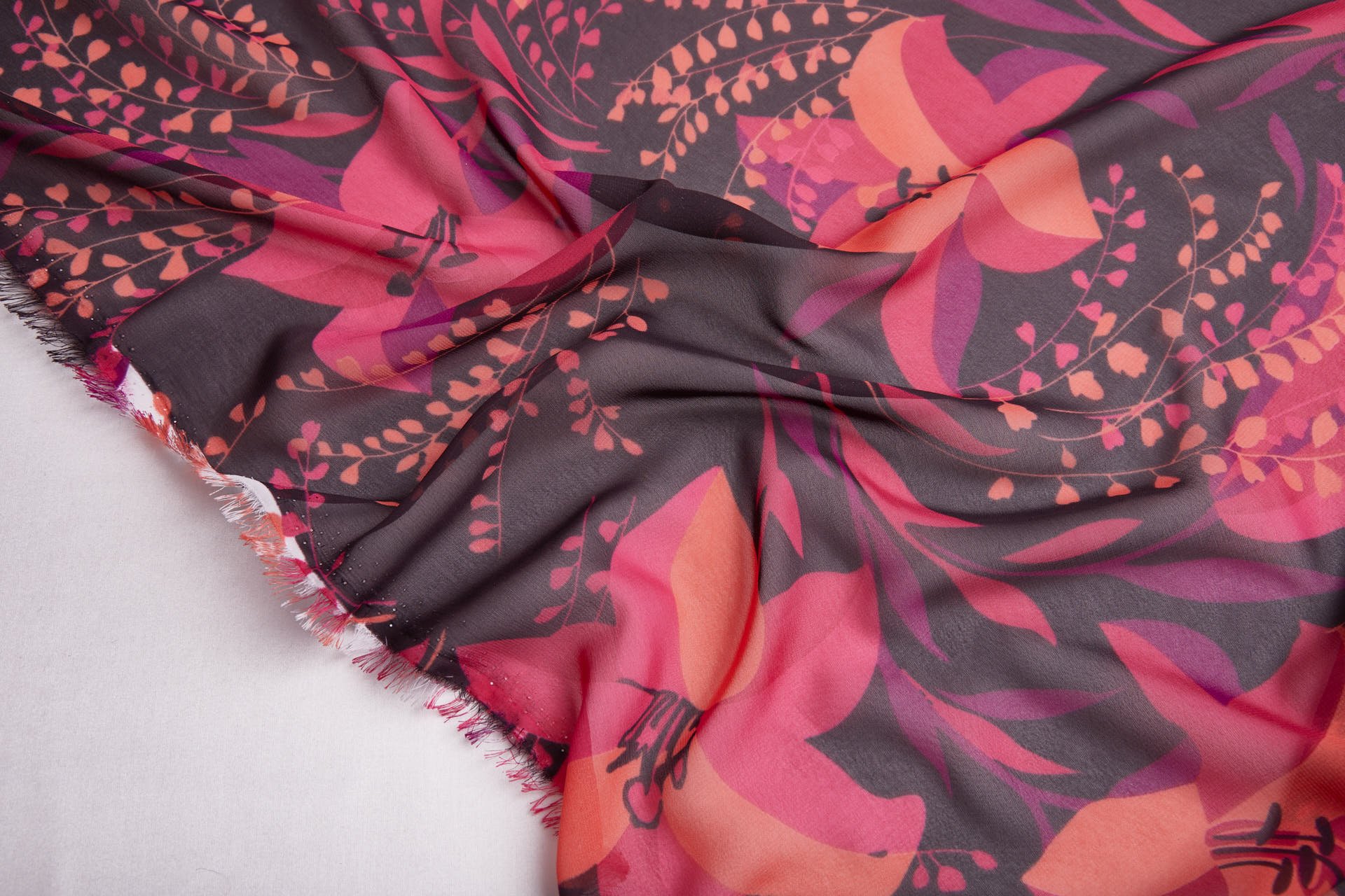 Bold Floral Lilies Printed Chiffon - Plum, Magenta & Coral fabric, image 5 of 13