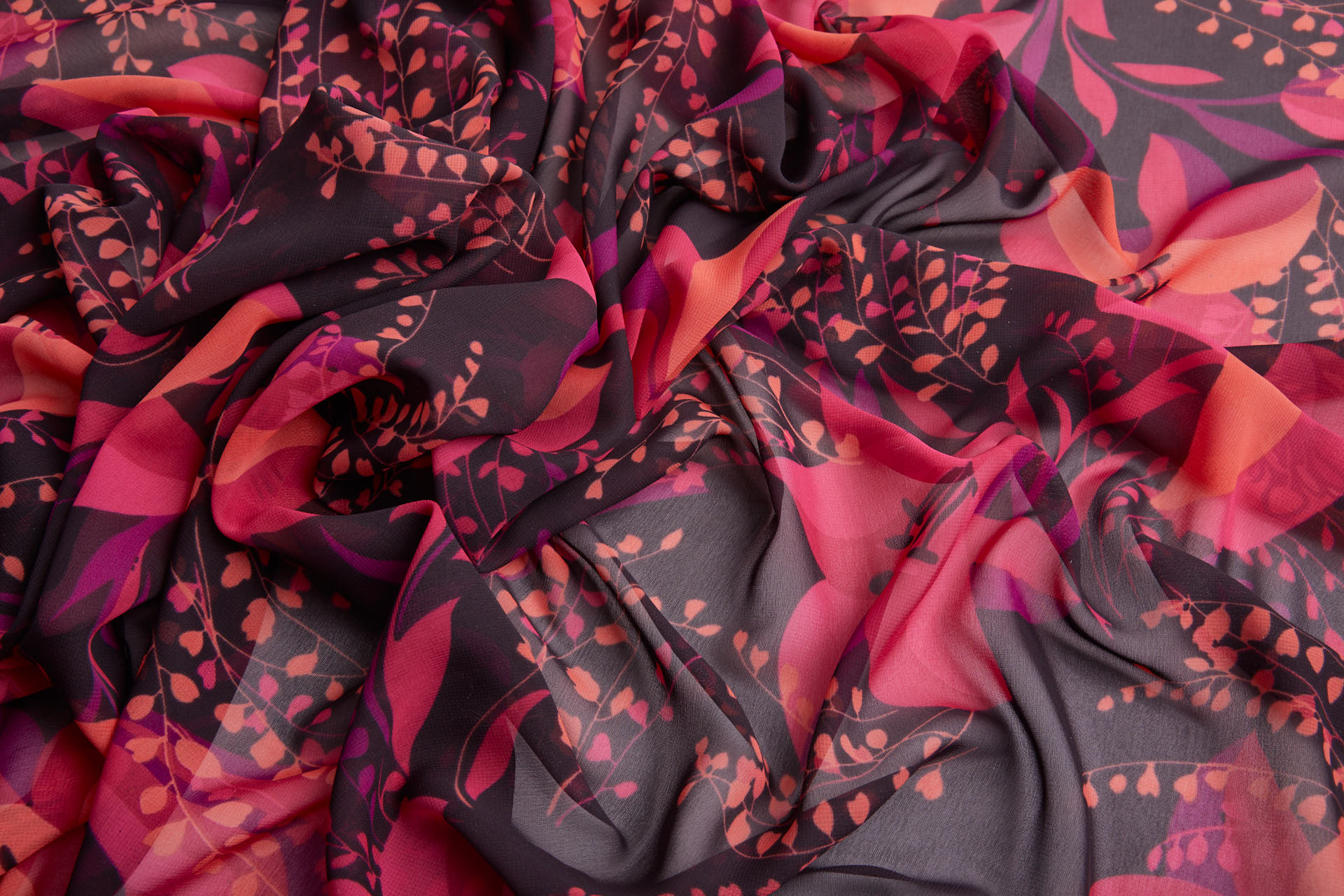 Bold Floral Lilies Printed Chiffon - Plum, Magenta & Coral fabric, image 8 of 13