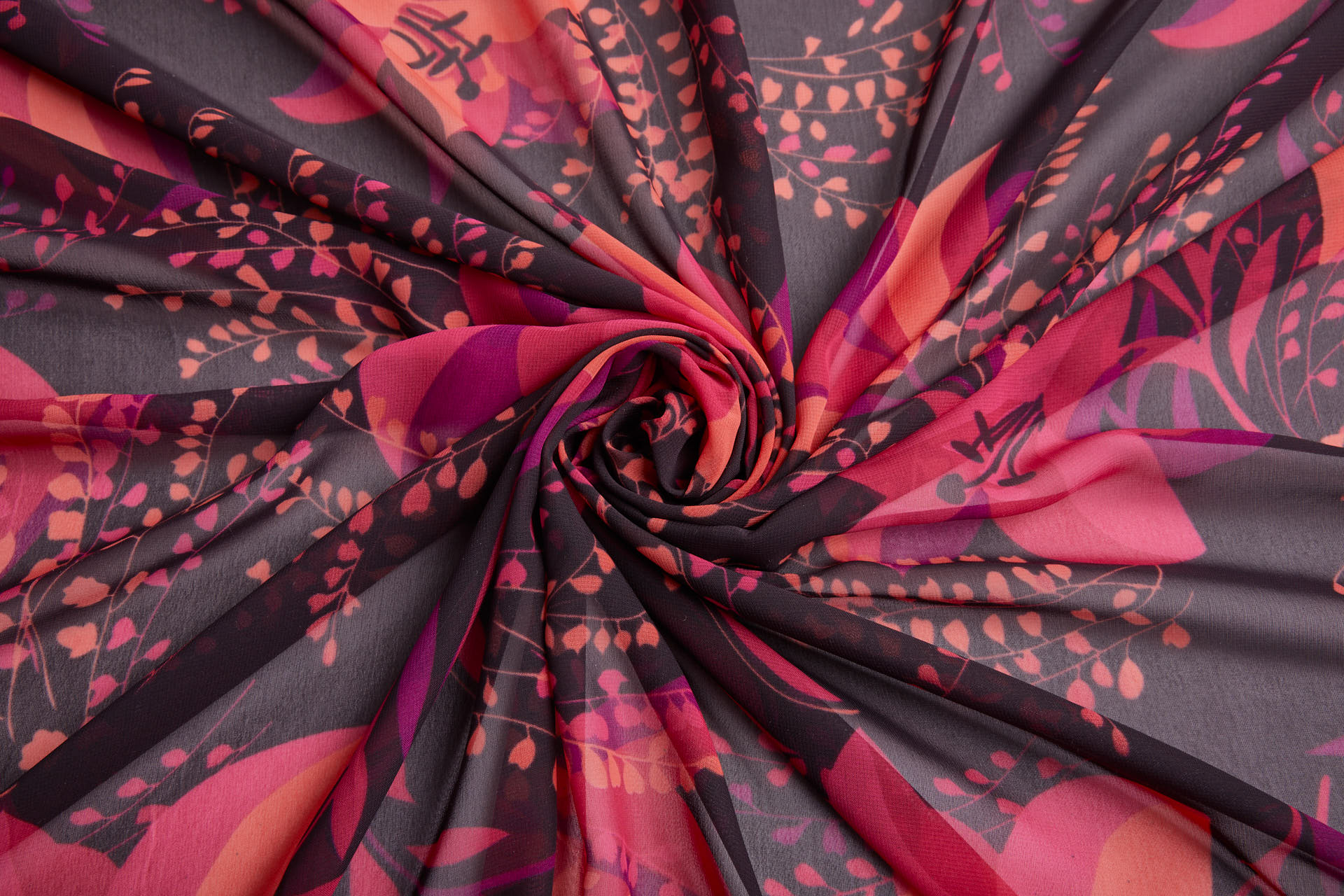 Bold Floral Lilies Printed Chiffon - Plum, Magenta & Coral fabric