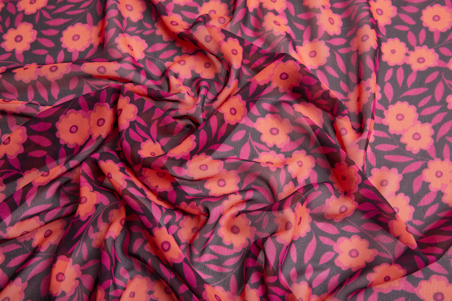 Playful Floral Printed Chiffon - Plum, Magenta & Coral fabric, image 5 of 14