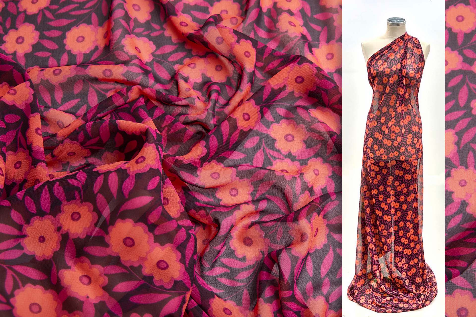 Playful Floral Printed Chiffon - Plum, Magenta & Coral fabric, image 2 of 14