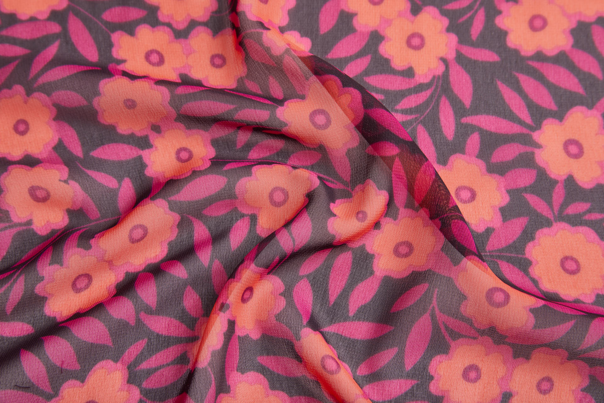 Playful Floral Printed Chiffon - Plum, Magenta & Coral fabric, image 3 of 14