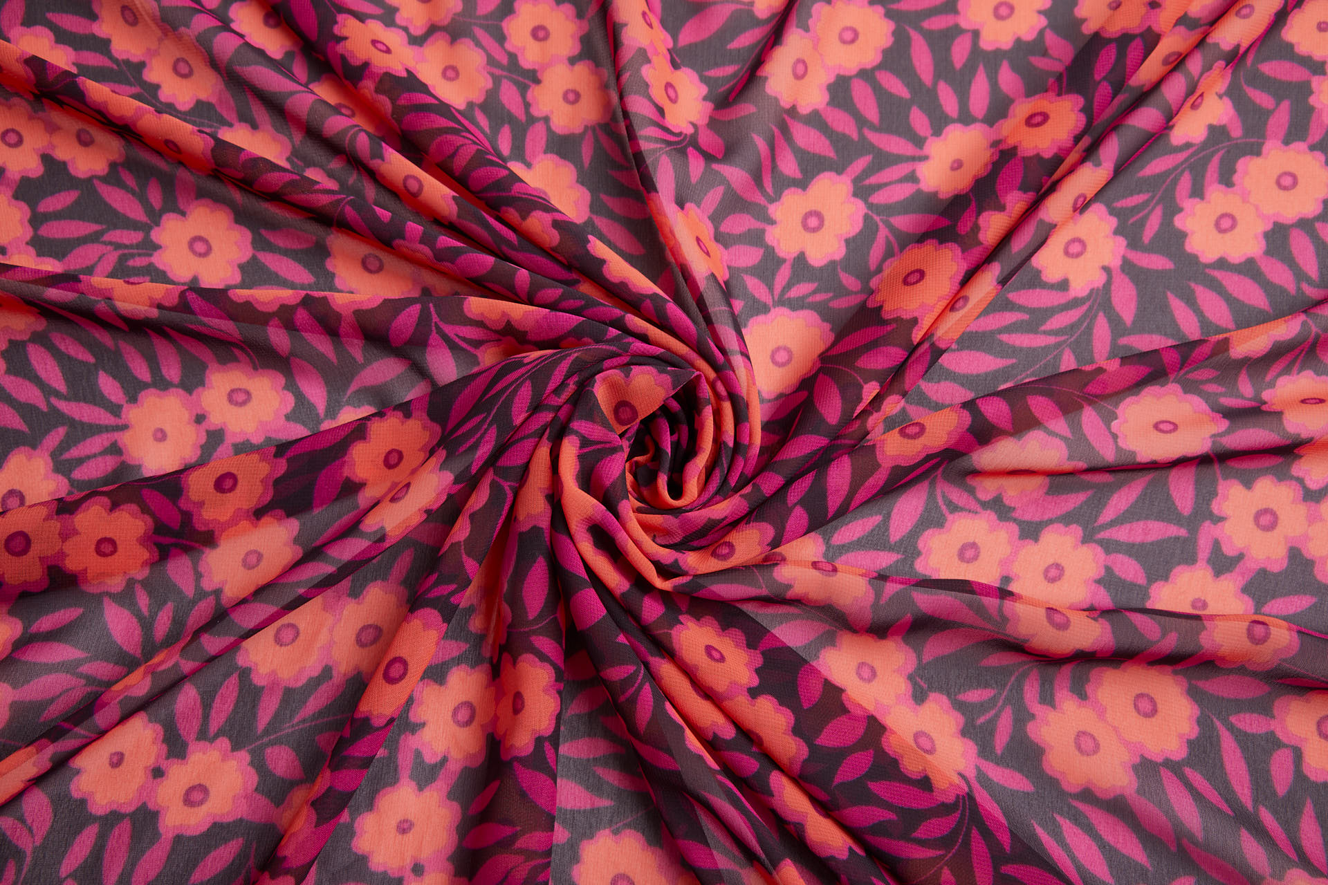Playful Floral Printed Chiffon - Plum, Magenta & Coral fabric