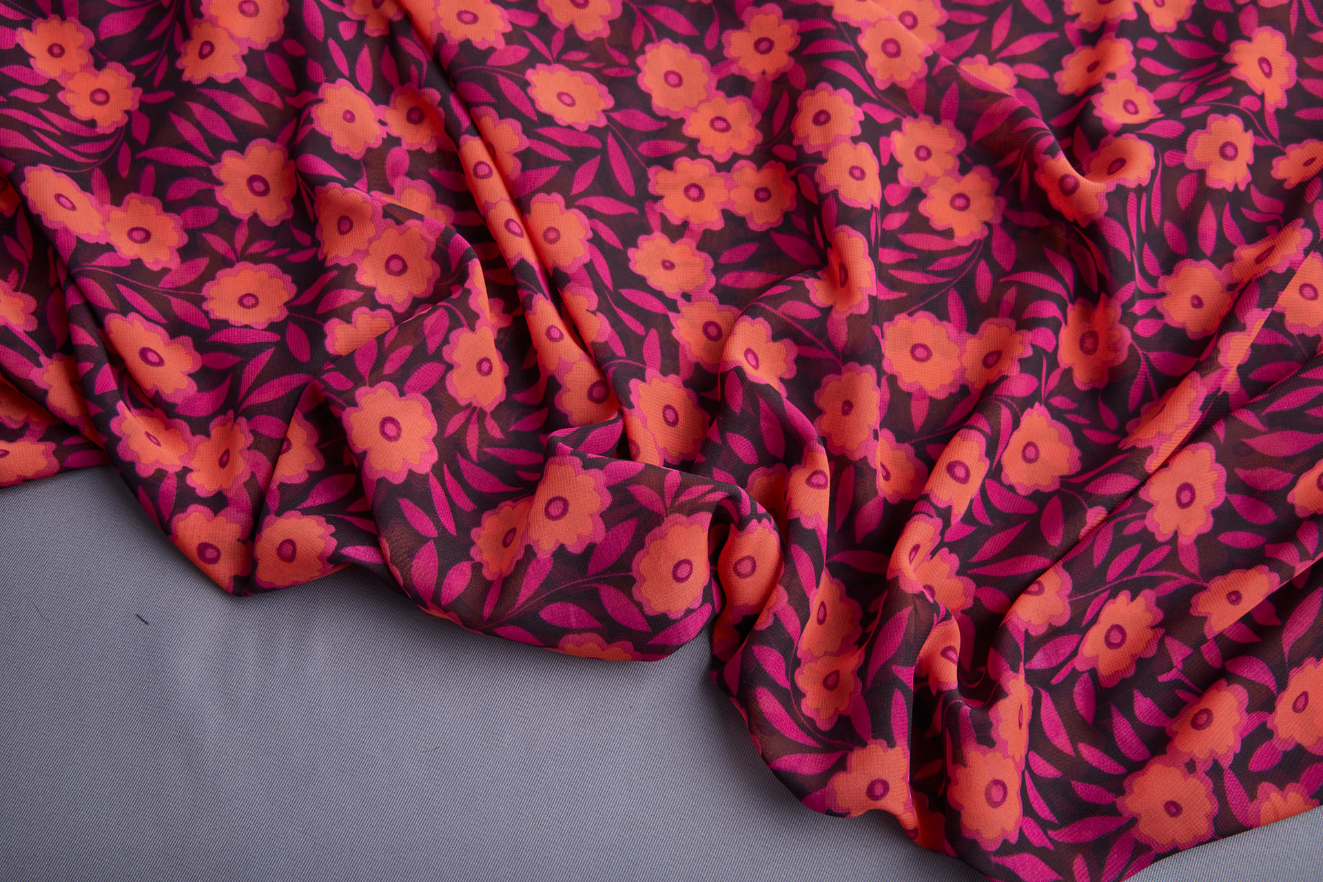 Playful Floral Printed Chiffon - Plum, Magenta & Coral fabric, image 8 of 14