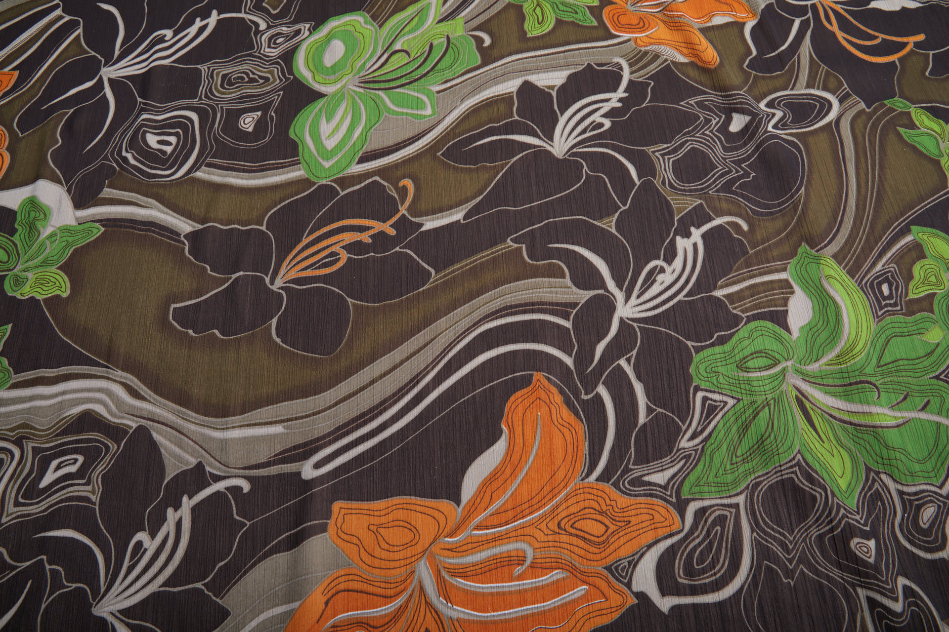 Italian Large Lilies Printed Chiffon in Browns, Oranges and Greens fabric, image 11 of 11