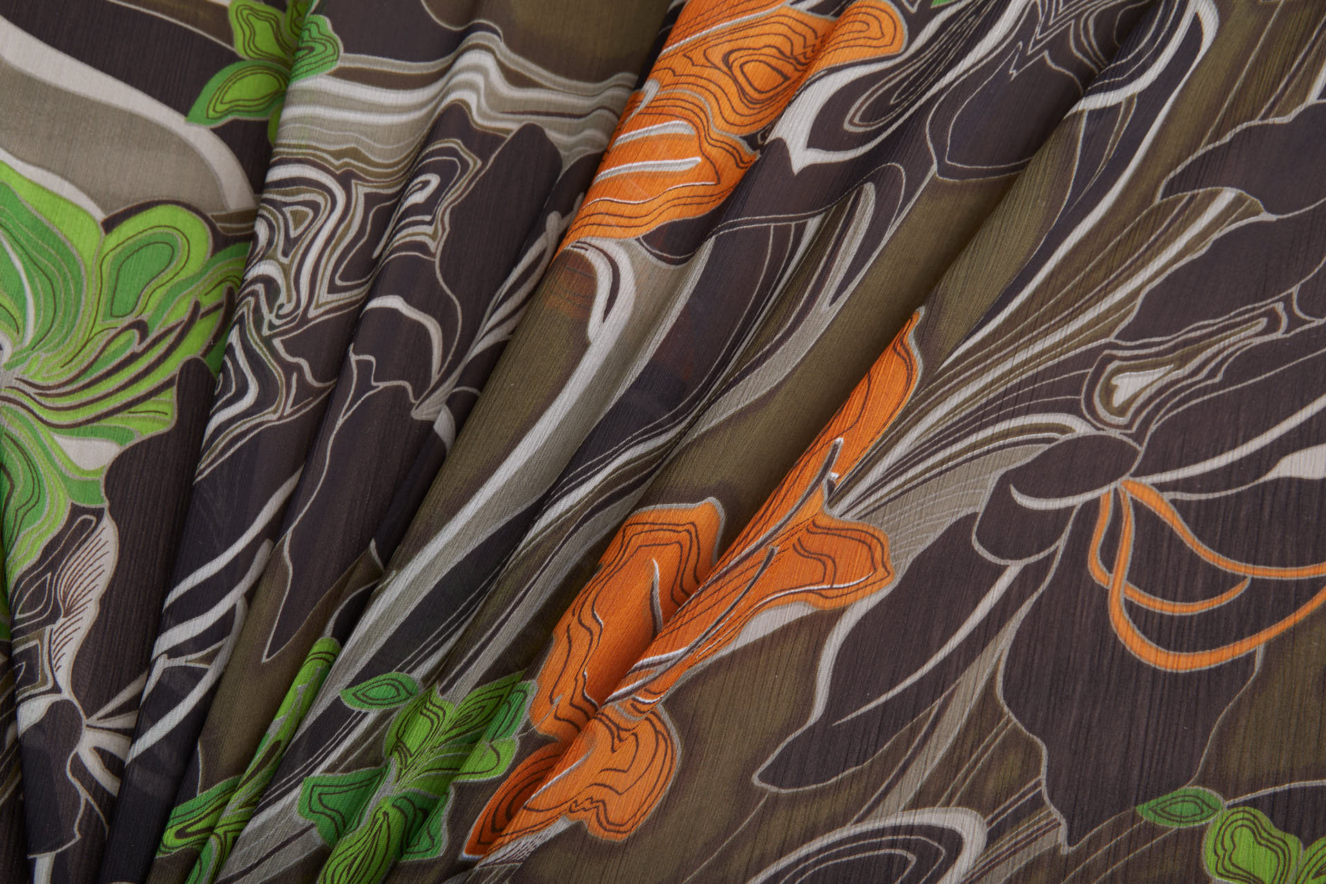 Italian Large Lilies Printed Chiffon in Browns, Oranges and Greens fabric, image 3 of 11