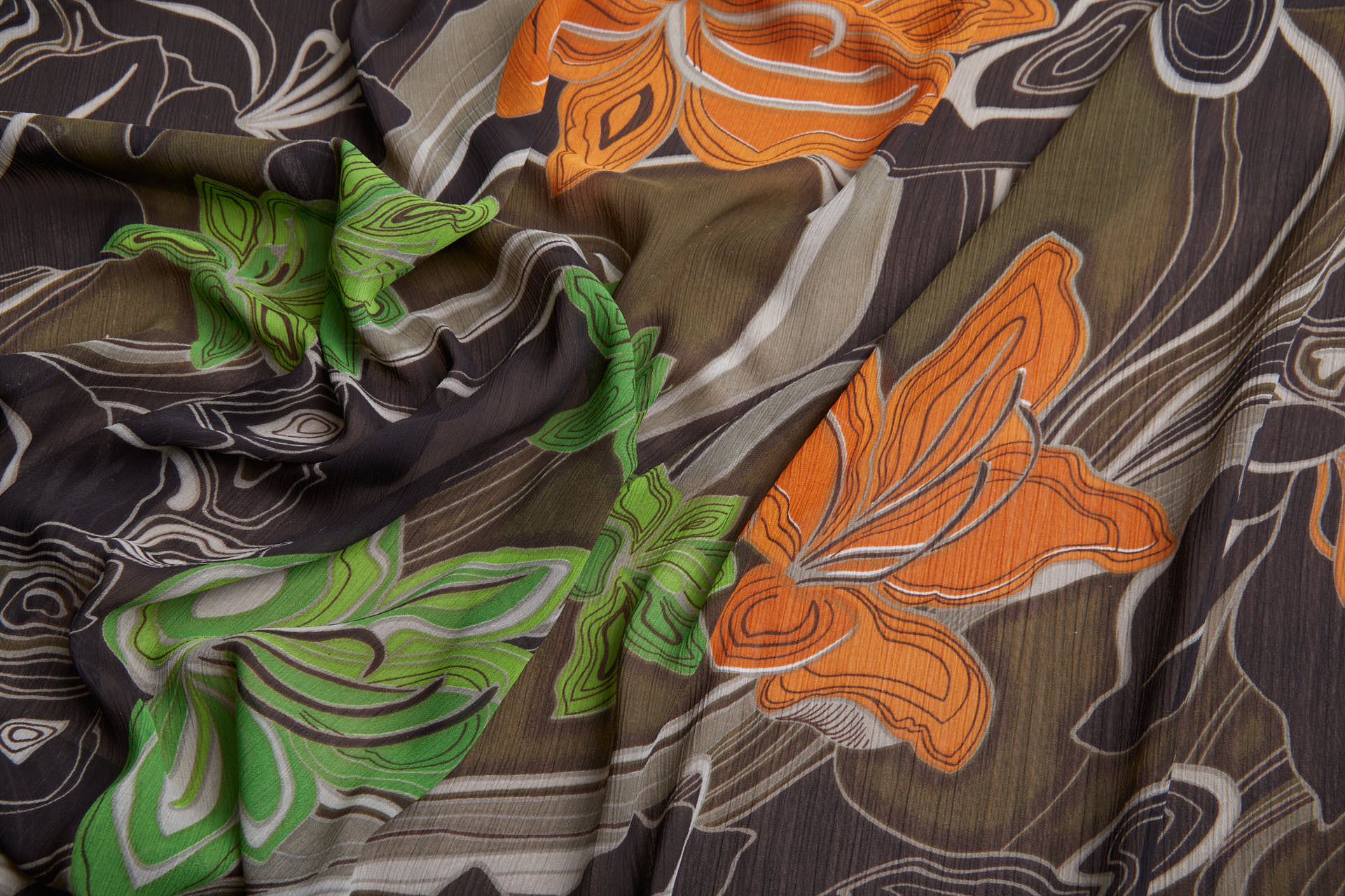 Italian Large Lilies Printed Chiffon in Browns, Oranges and Greens fabric, image 5 of 11