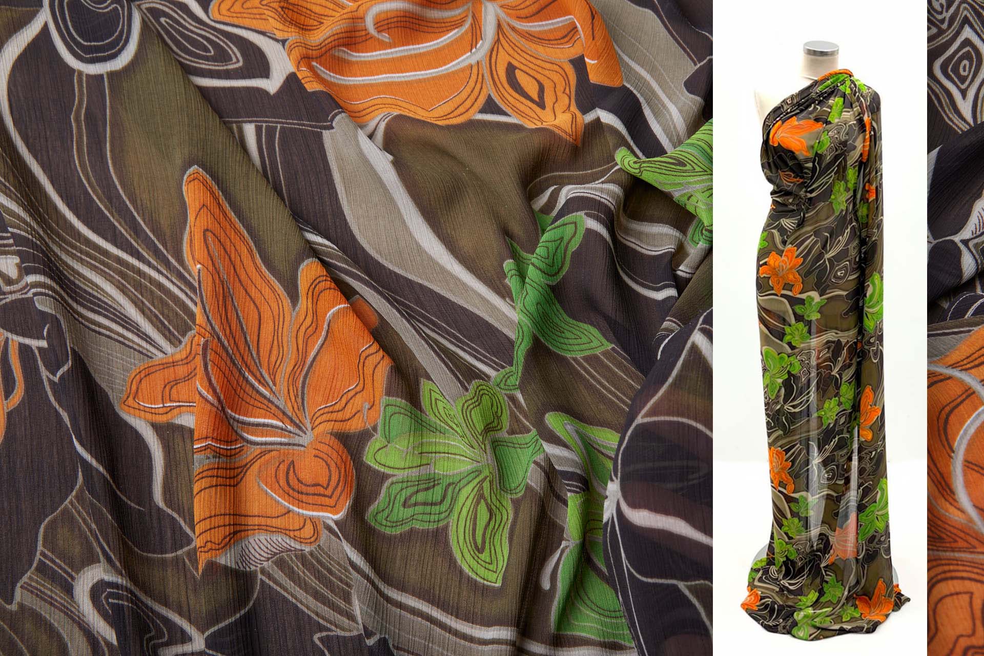 Italian Large Lilies Printed Chiffon in Browns, Oranges and Greens fabric, image 2 of 11