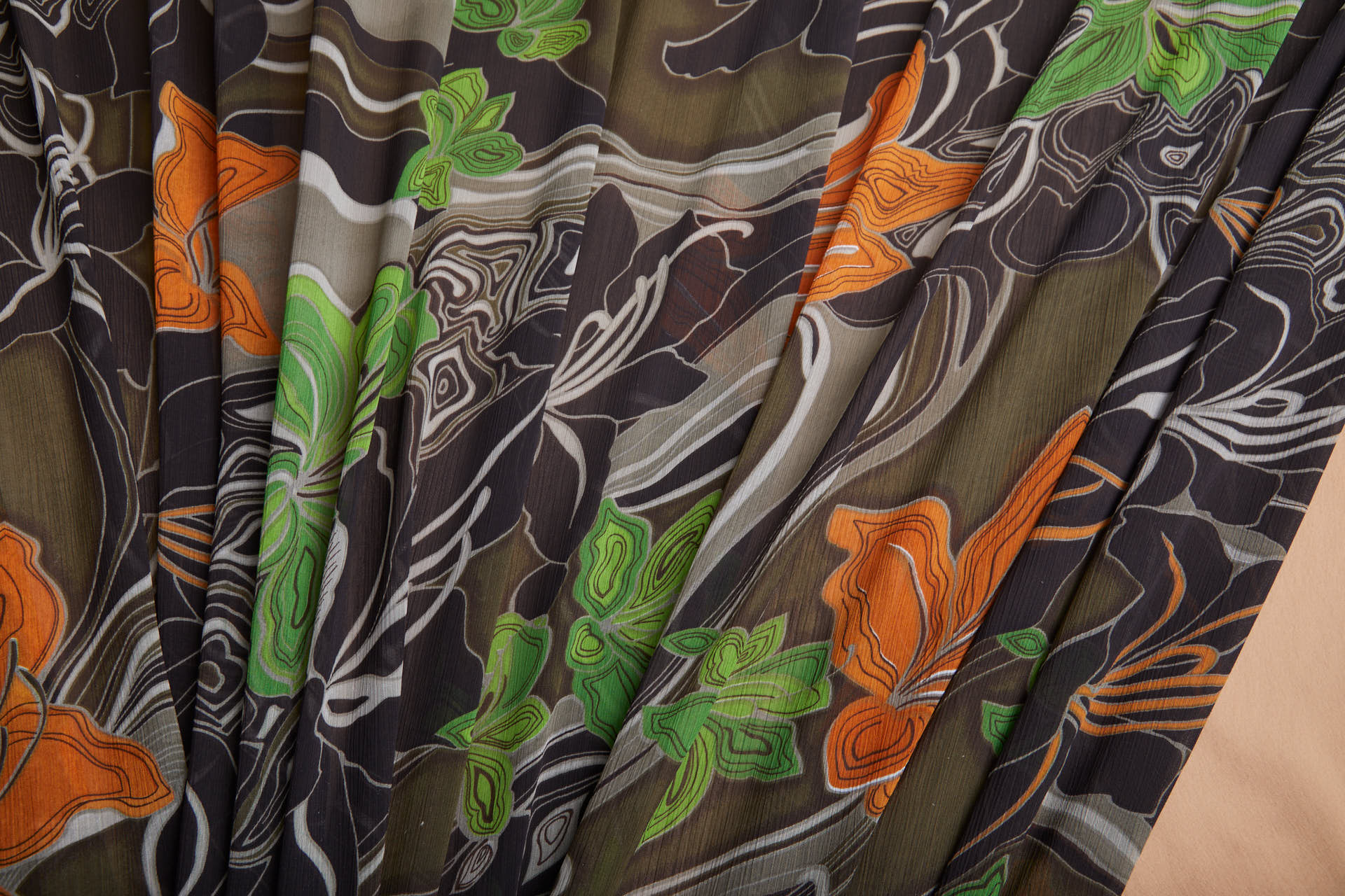 Italian Large Lilies Printed Chiffon in Browns, Oranges and Greens fabric, image 6 of 11