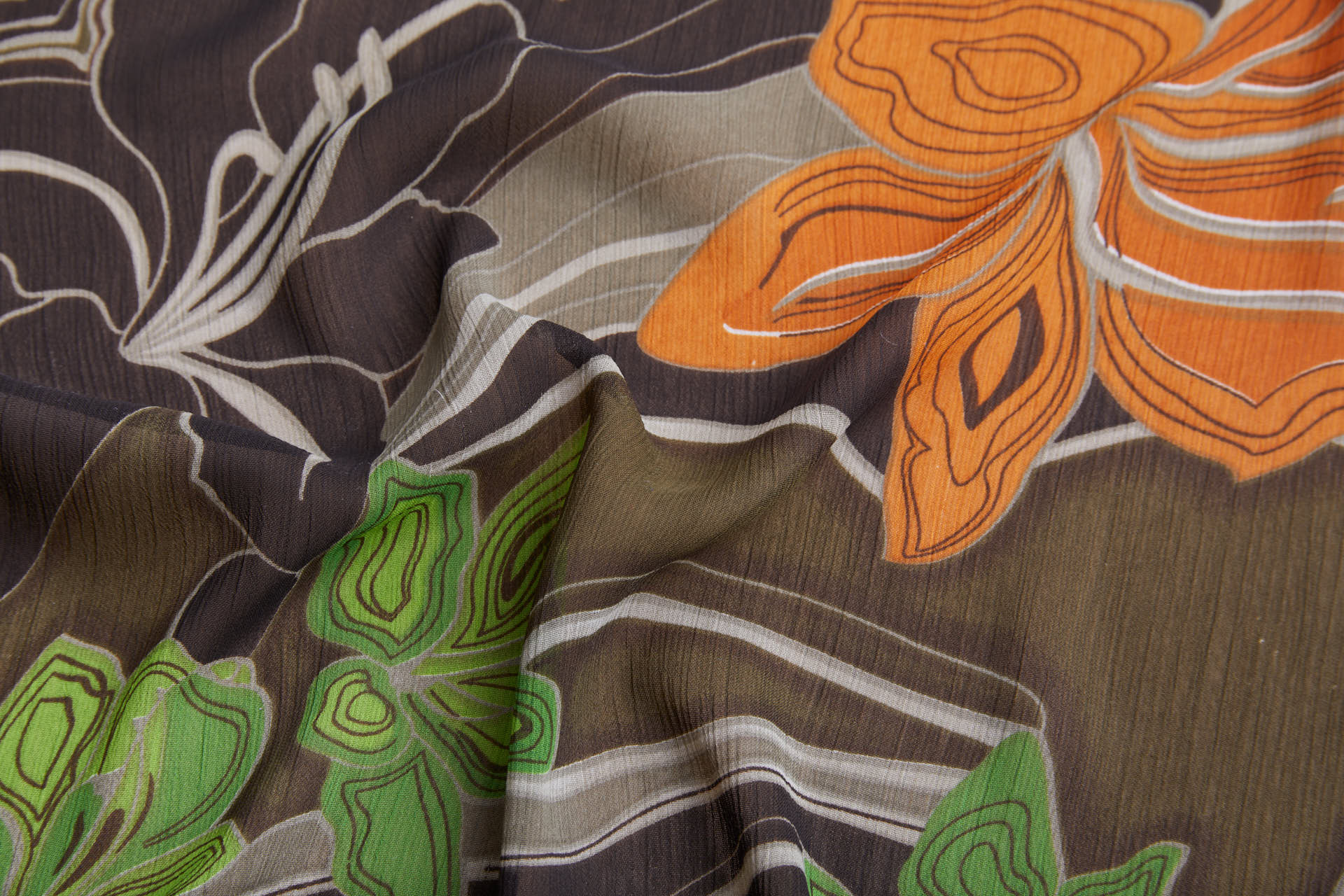 Italian Large Lilies Printed Chiffon in Browns, Oranges and Greens fabric, image 7 of 11