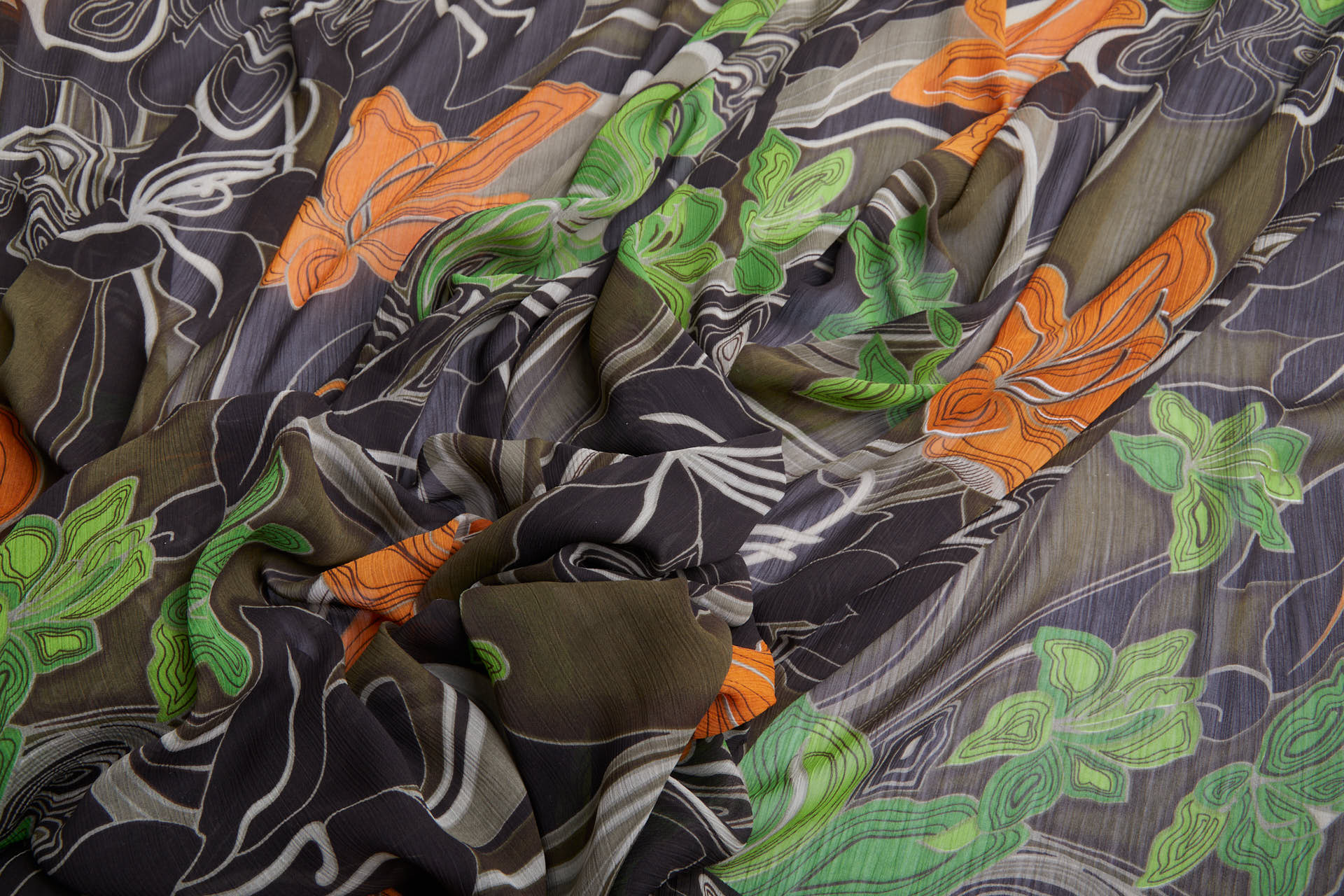 Italian Large Lilies Printed Chiffon in Browns, Oranges and Greens fabric, image 8 of 11