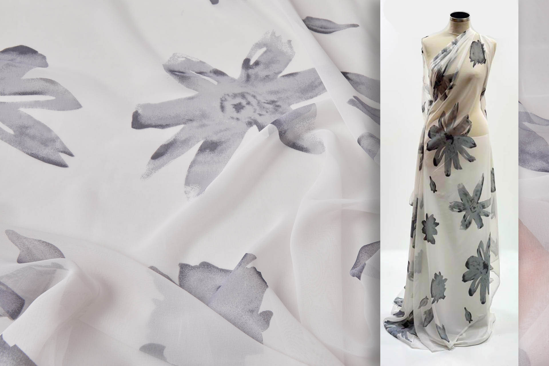 XXL Floral Print Chiffon in Grey and Ivory fabric, image 2 of 8