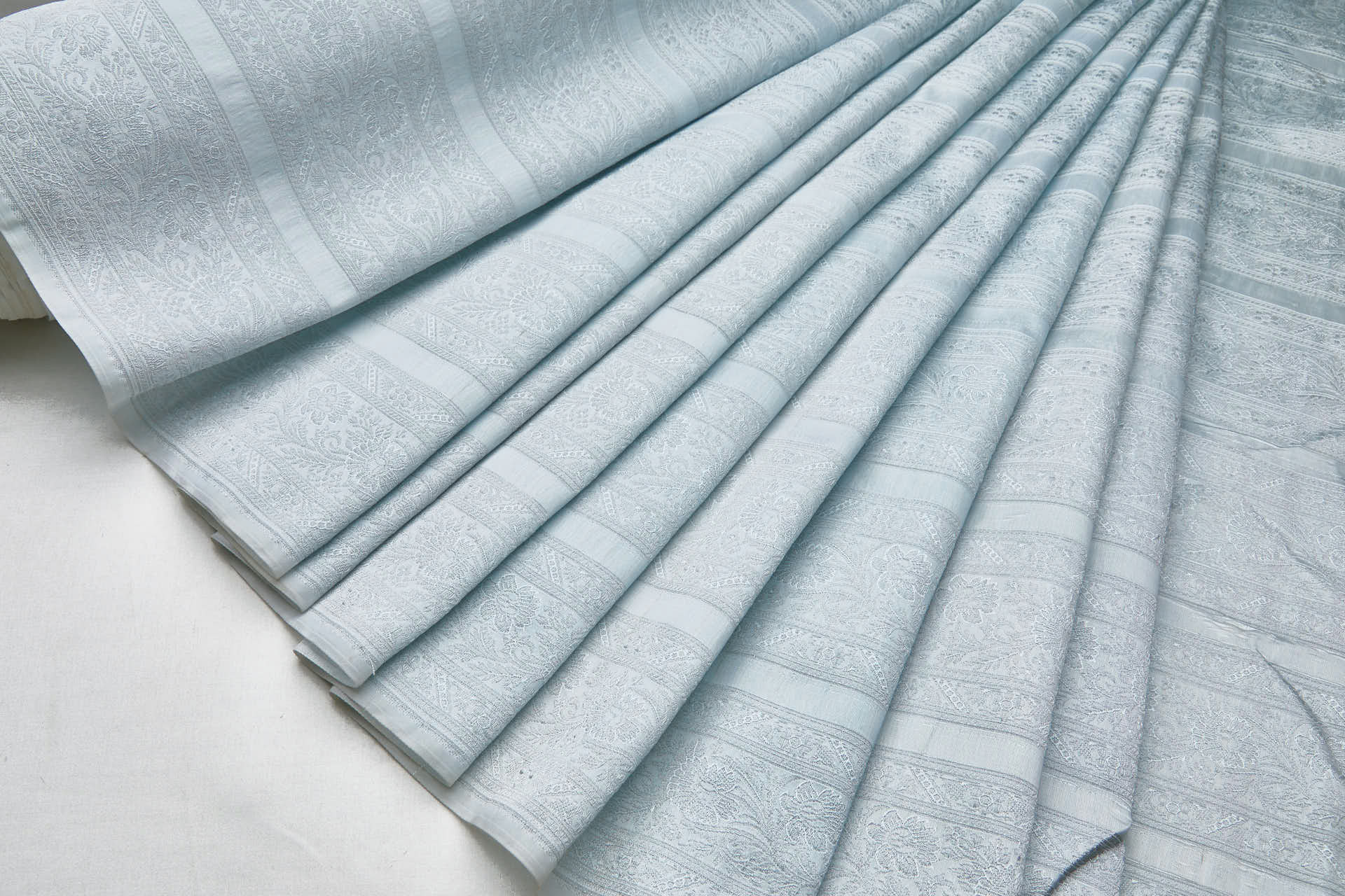 Striped Floral Banaras Brocade - Pale Blue fabric