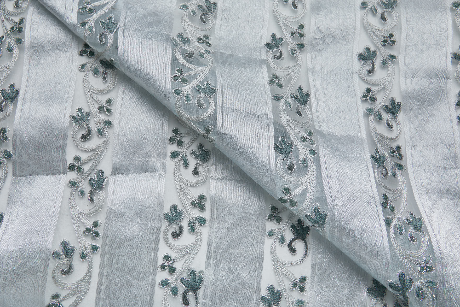 Woven Organza Stripe with Crewel Embroidery - Pale Blue, Silver and Blueish Grey fabric, image 4 of 7