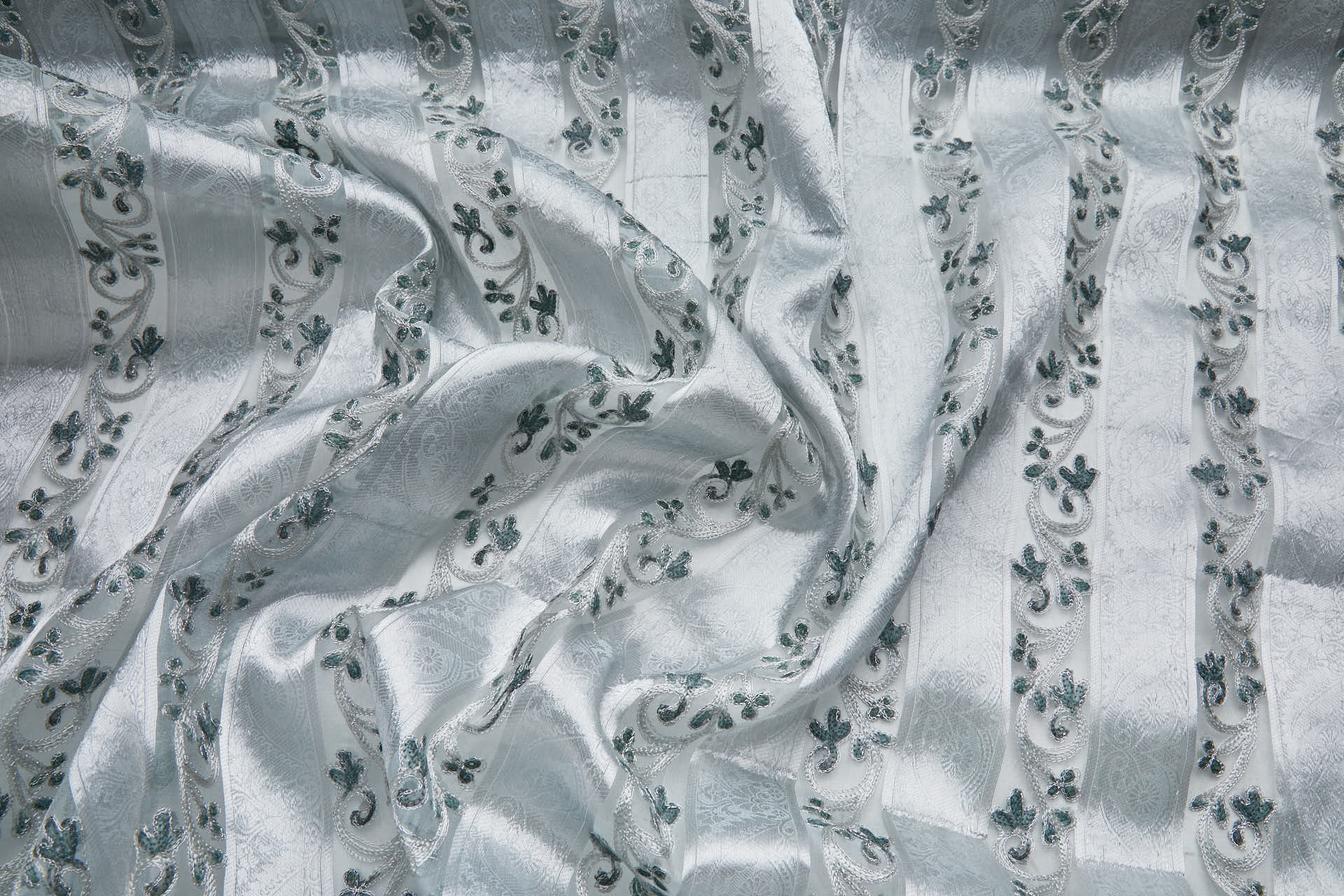 Woven Organza Stripe with Crewel Embroidery - Pale Blue, Silver and Blueish Grey fabric, image 5 of 7