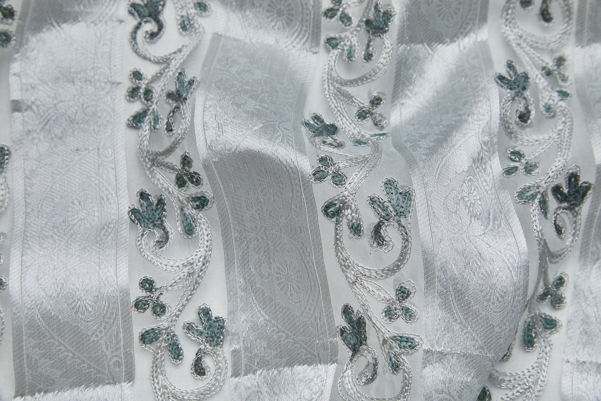 Woven Organza Stripe with Crewel Embroidery - Pale Blue, Silver and Blueish Grey fabric, image 2 of 7