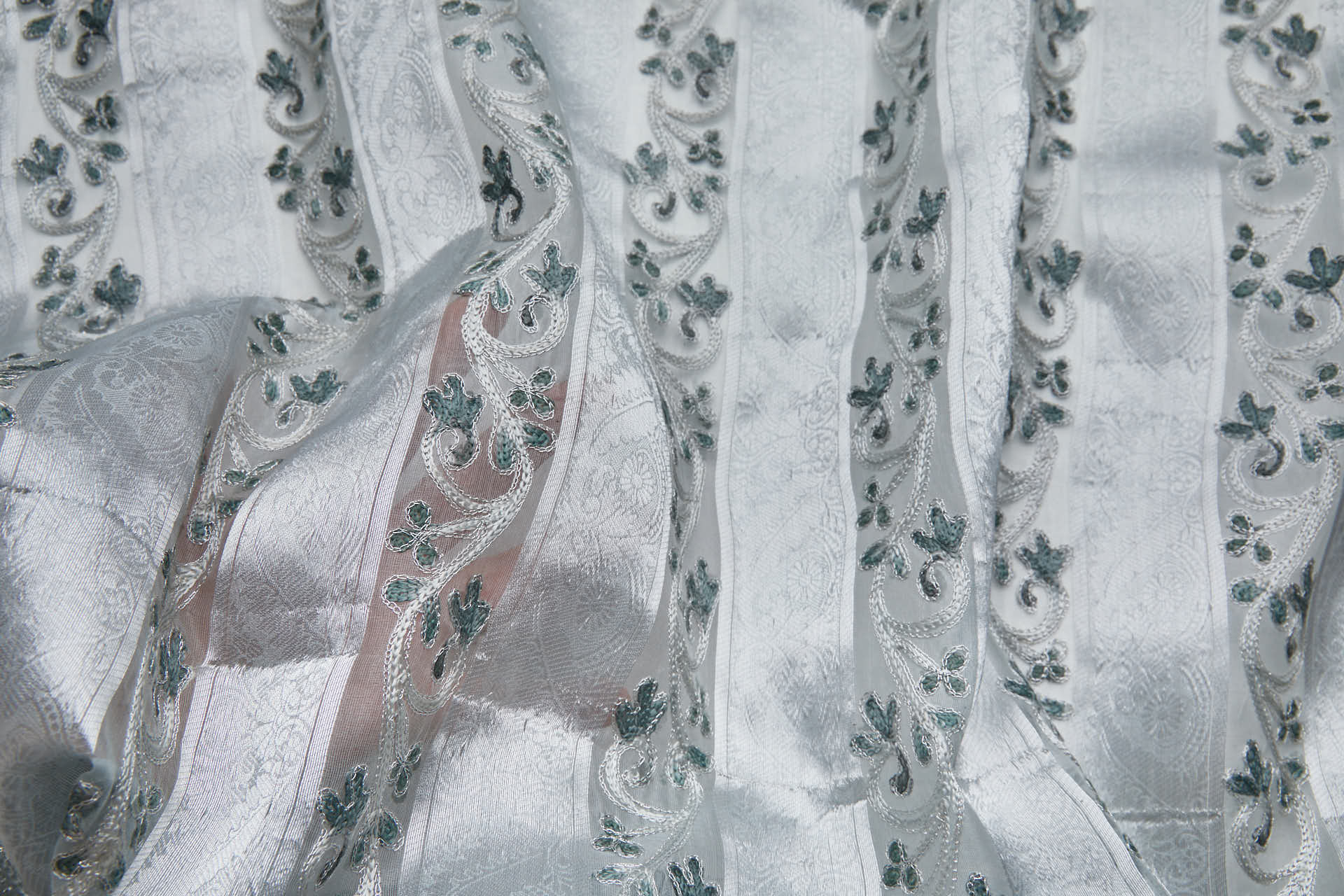 Woven Organza Stripe with Crewel Embroidery - Pale Blue, Silver and Blueish Grey fabric, image 6 of 7