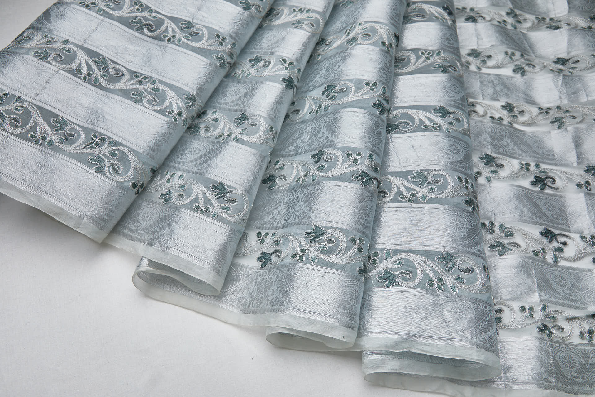 Woven Organza Stripe with Crewel Embroidery - Pale Blue, Silver and Blueish Grey fabric