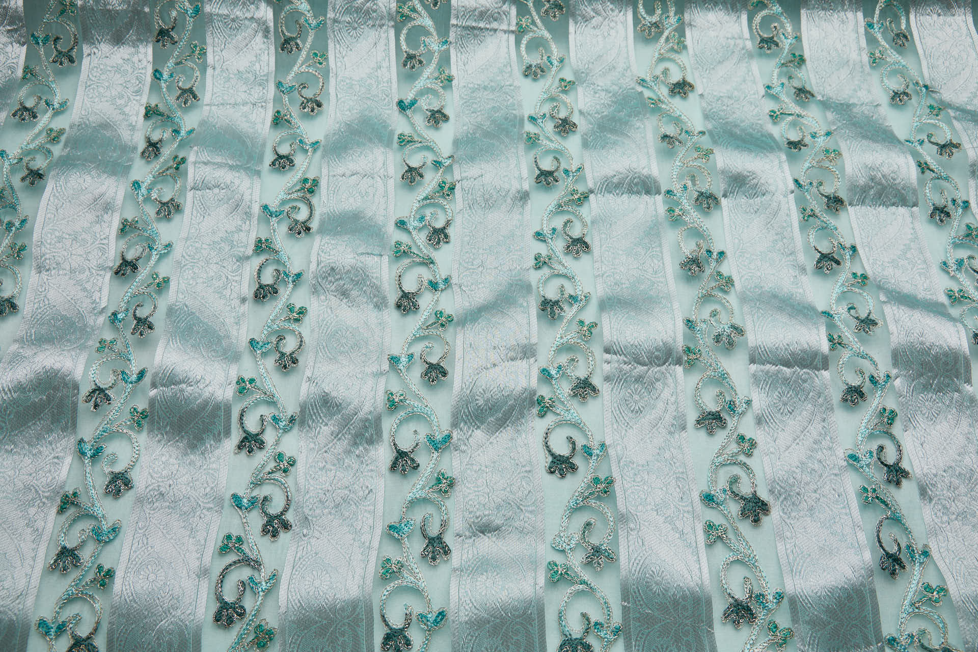 Woven Organza Stripe with Crewel Embroidery - Mint, Silver and Greyish Green fabric, image 8 of 8