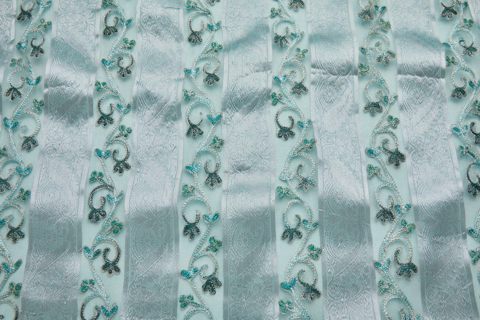 Woven Organza Stripe with Crewel Embroidery - Mint, Silver and Greyish Green fabric, image 2 of 8