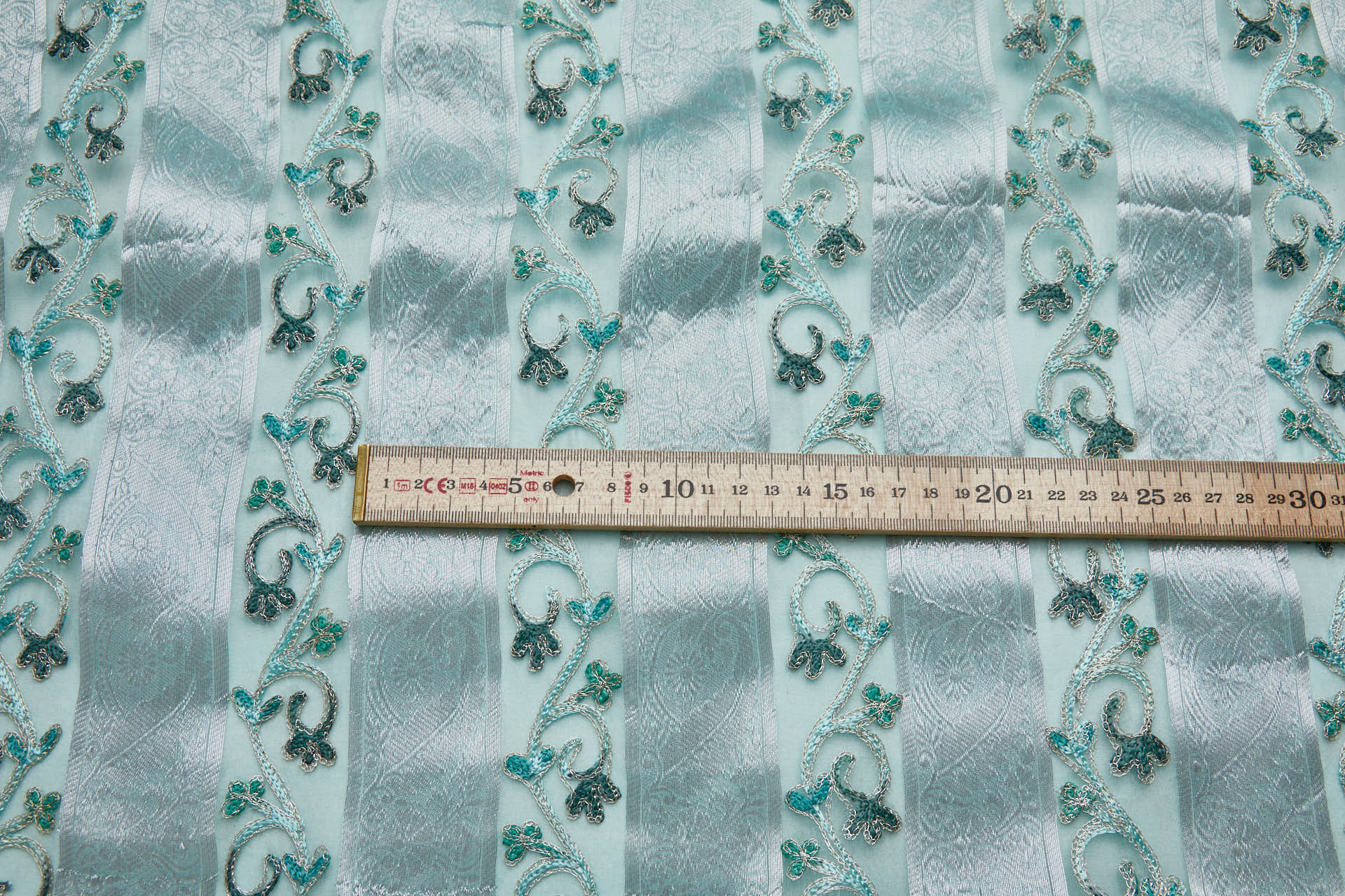 Woven Organza Stripe with Crewel Embroidery - Mint, Silver and Greyish Green fabric, image 3 of 8