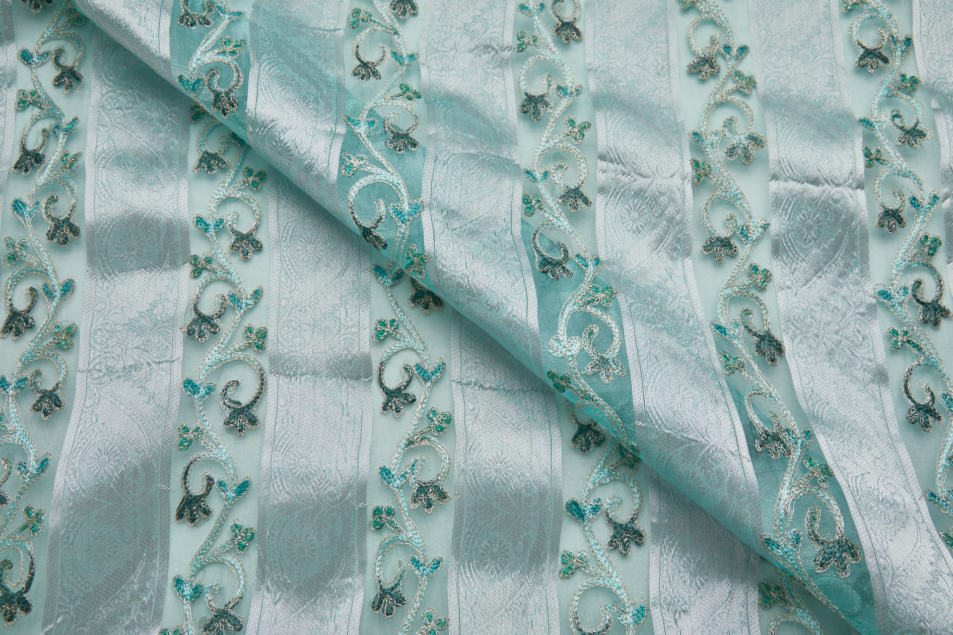 Woven Organza Stripe with Crewel Embroidery - Mint, Silver and Greyish Green fabric, image 4 of 8