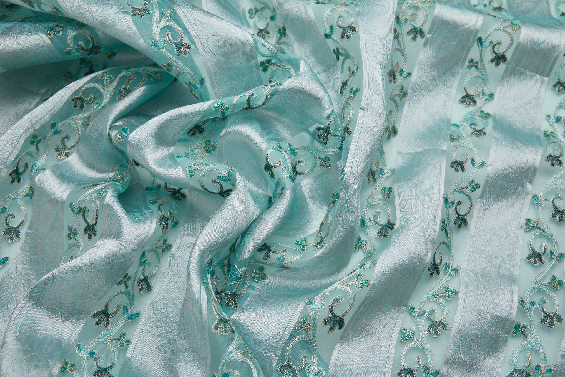 Woven Organza Stripe with Crewel Embroidery - Mint, Silver and Greyish Green fabric, image 5 of 8