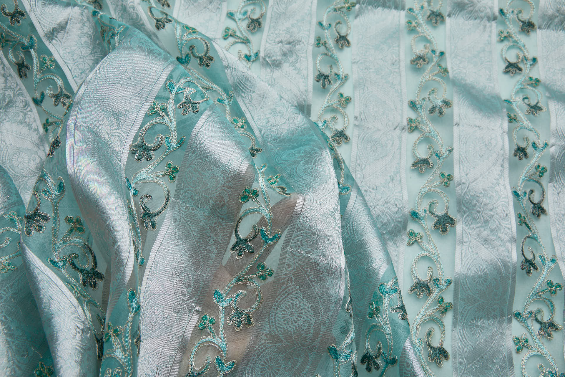 Woven Organza Stripe with Crewel Embroidery - Mint, Silver and Greyish Green fabric, image 6 of 8