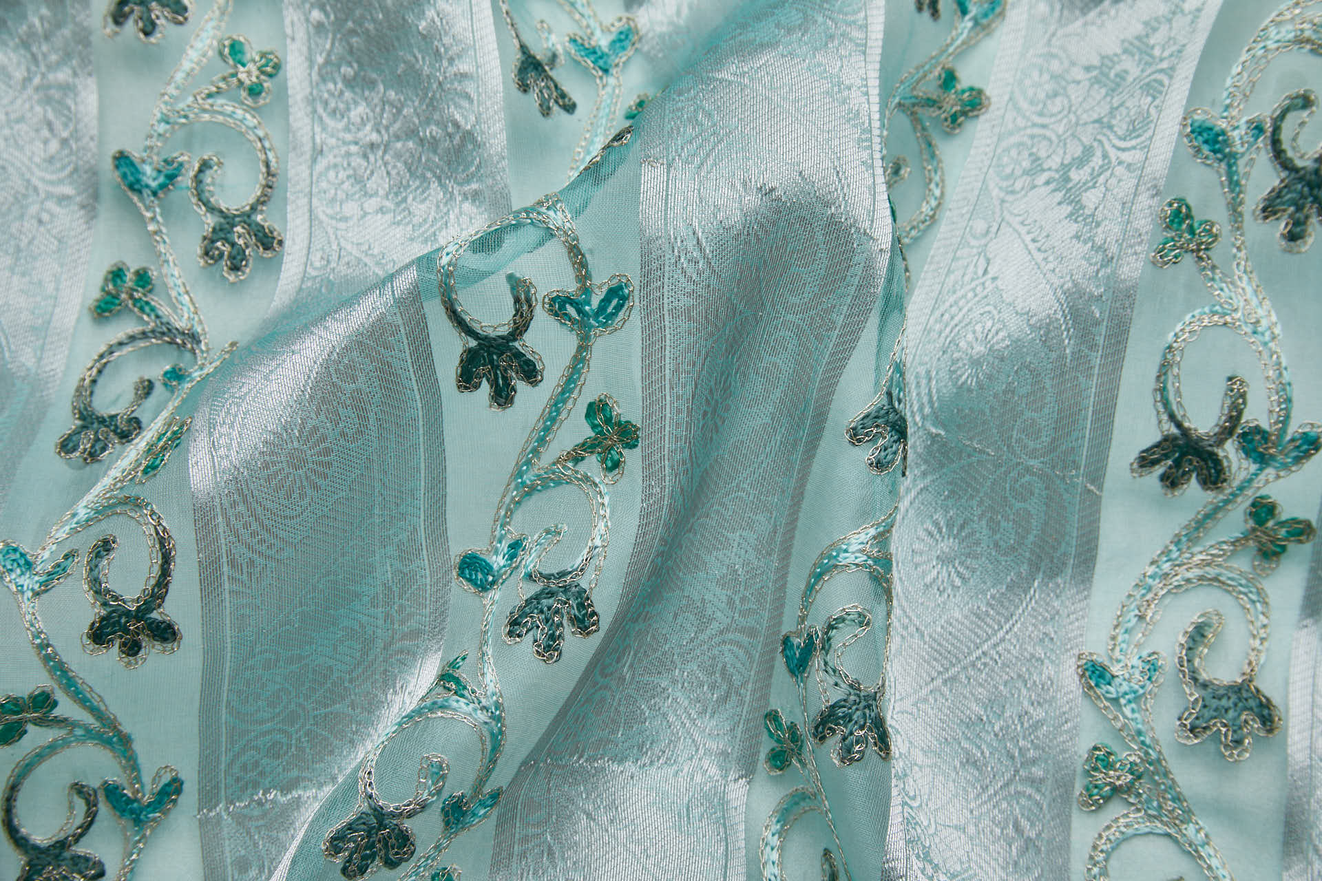 Woven Organza Stripe with Crewel Embroidery - Mint, Silver and Greyish Green fabric, image 7 of 8