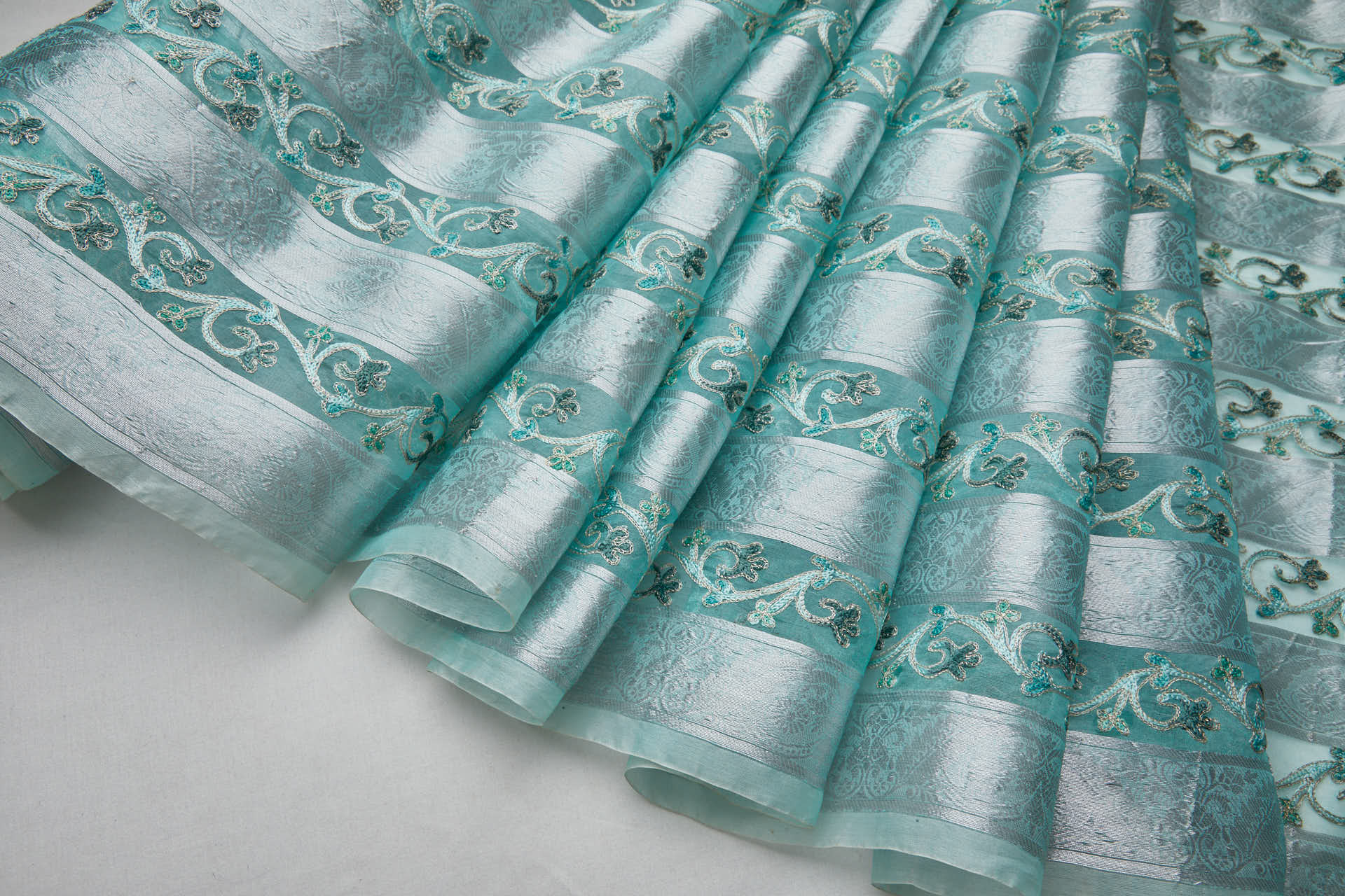 Woven Organza Stripe with Crewel Embroidery - Mint, Silver and Greyish Green fabric