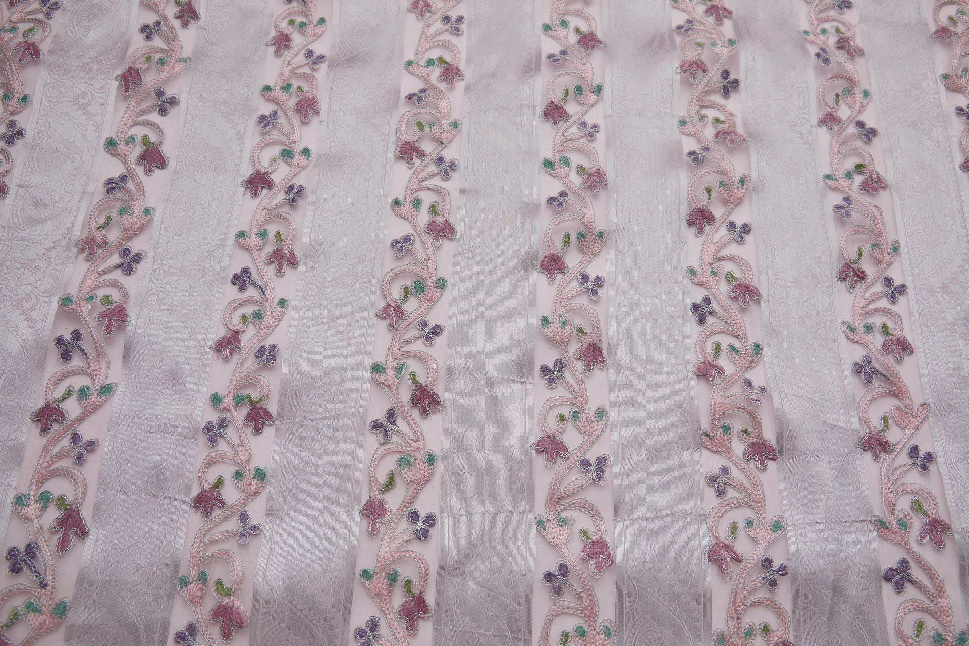Woven Organza Stripe with Crewel Embroidery - Pink, Silver and Mauve fabric, image 8 of 8