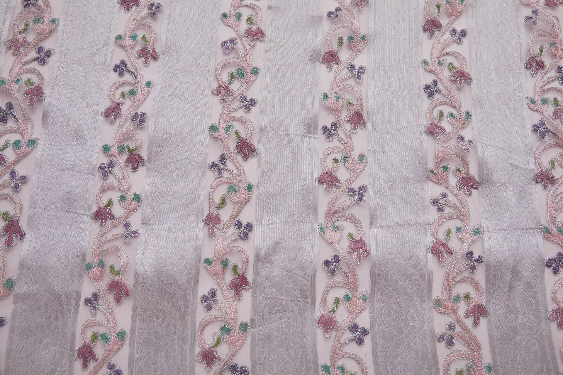 Woven Organza Stripe with Crewel Embroidery - Pink, Silver and Mauve fabric, image 5 of 8