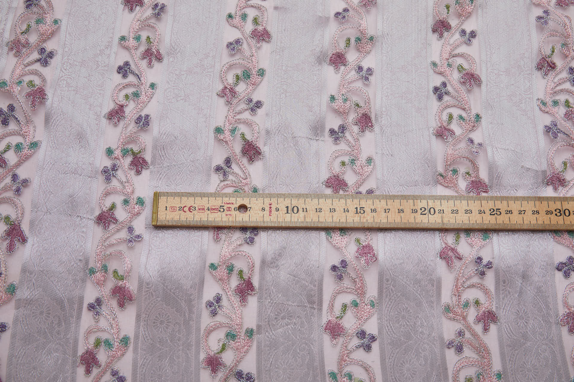 Woven Organza Stripe with Crewel Embroidery - Pink, Silver and Mauve fabric, image 6 of 8
